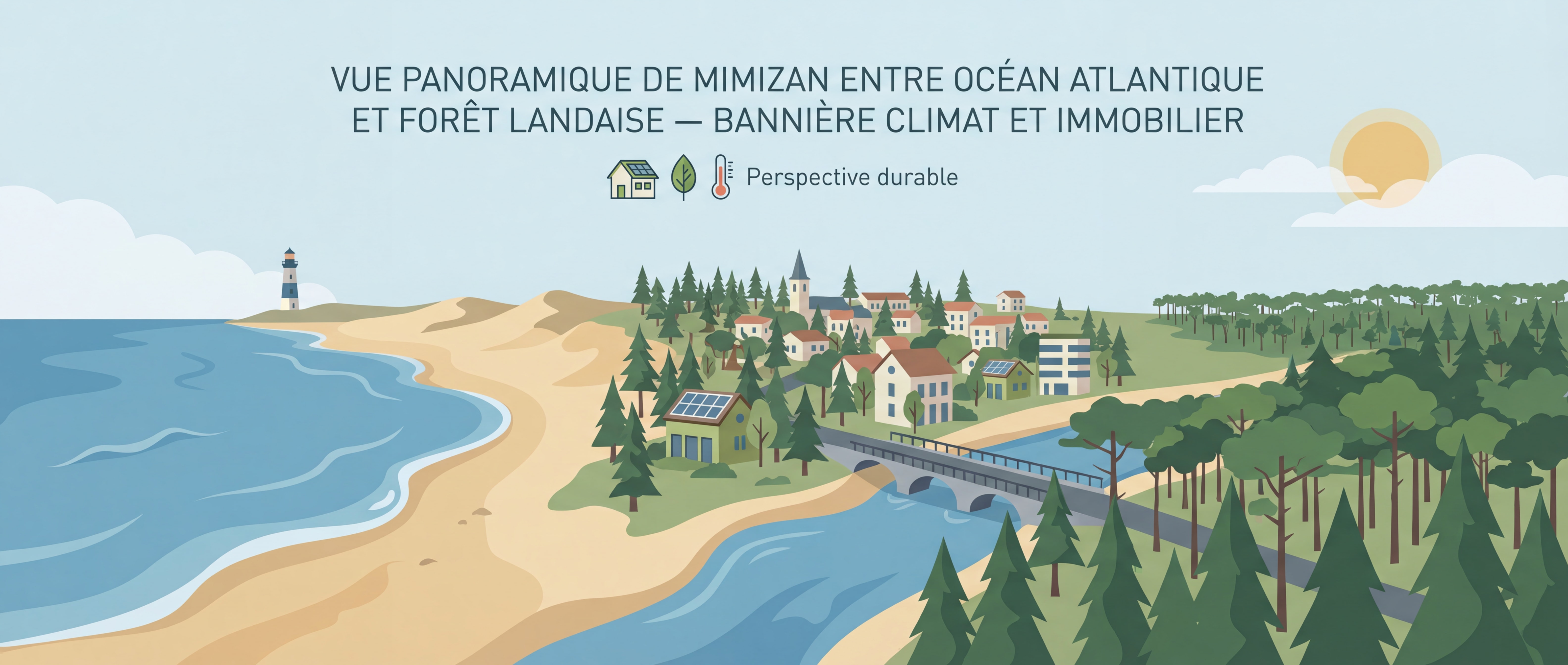 Vue panoramique de Mimizan entre océan Atlantique et forêt landaise — bannière climat et immobilier