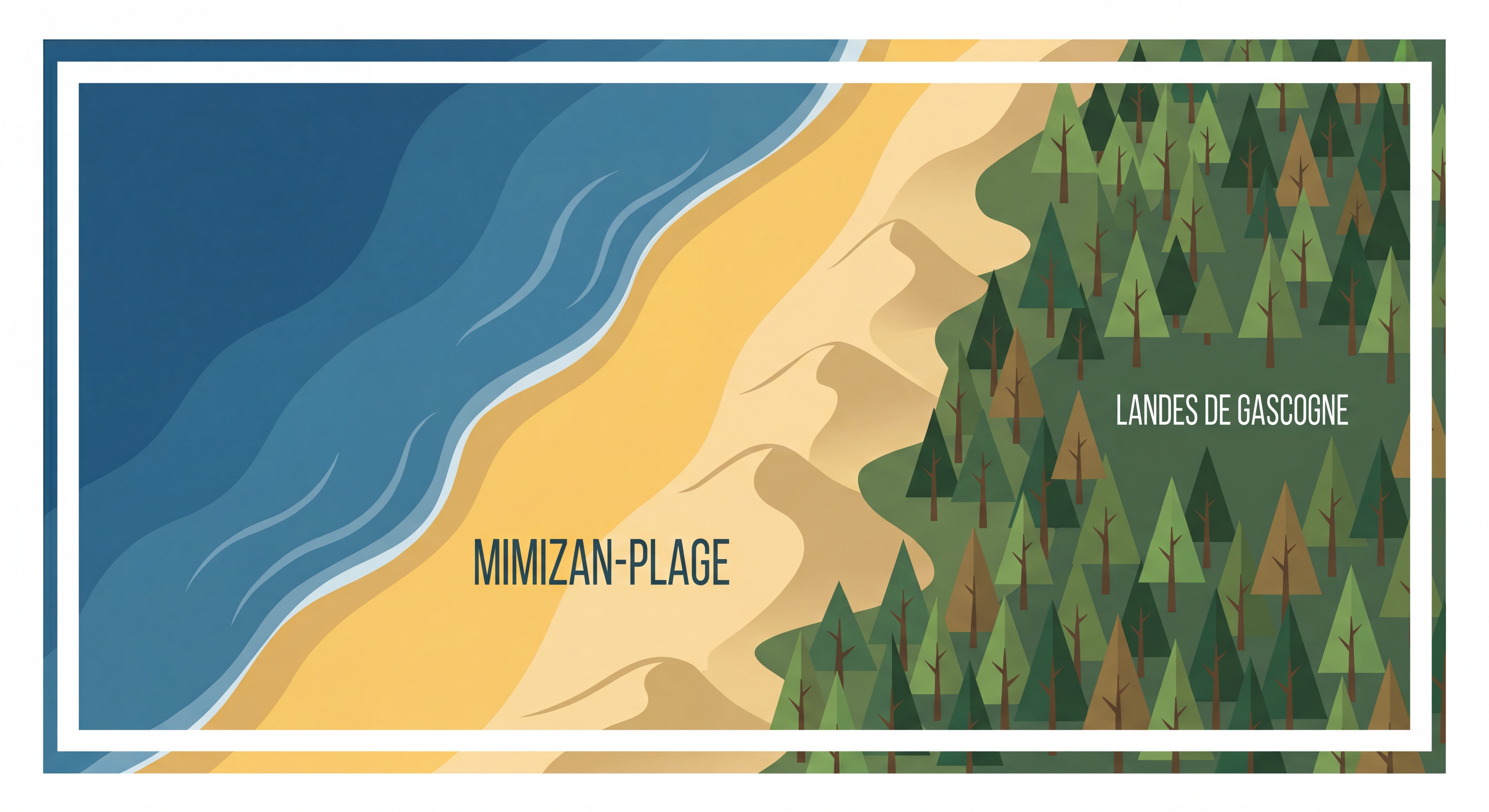 Vue aérienne de la forêt landaise et de la plage de Mimizan-Plage, entre océan Atlantique et pins maritimes des Landes de Gascogne