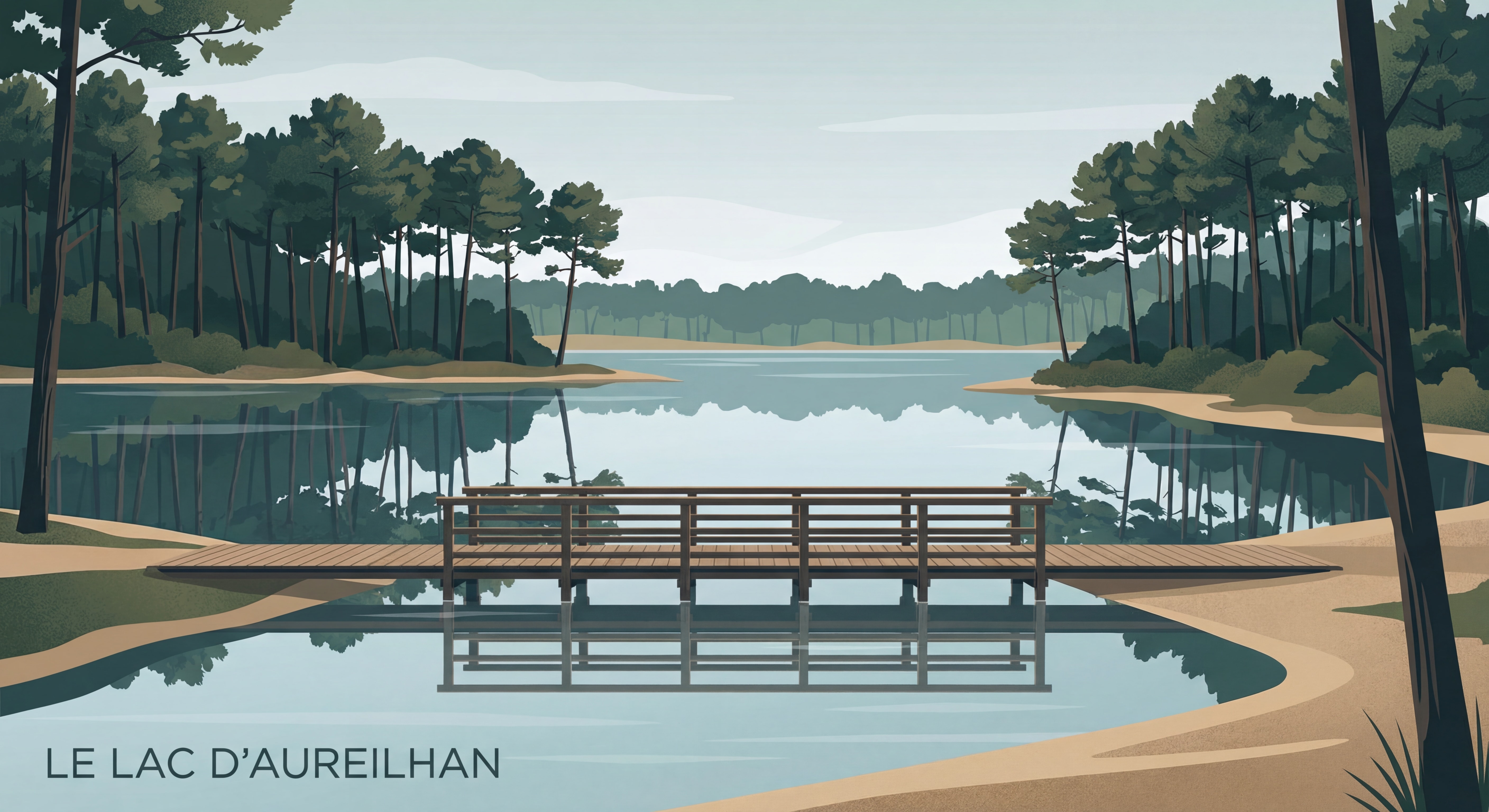 Le lac d'Aureilhan à Mimizan entouré de pins maritimes des Landes, eaux calmes reflet de la forêt, cadre naturel préservé