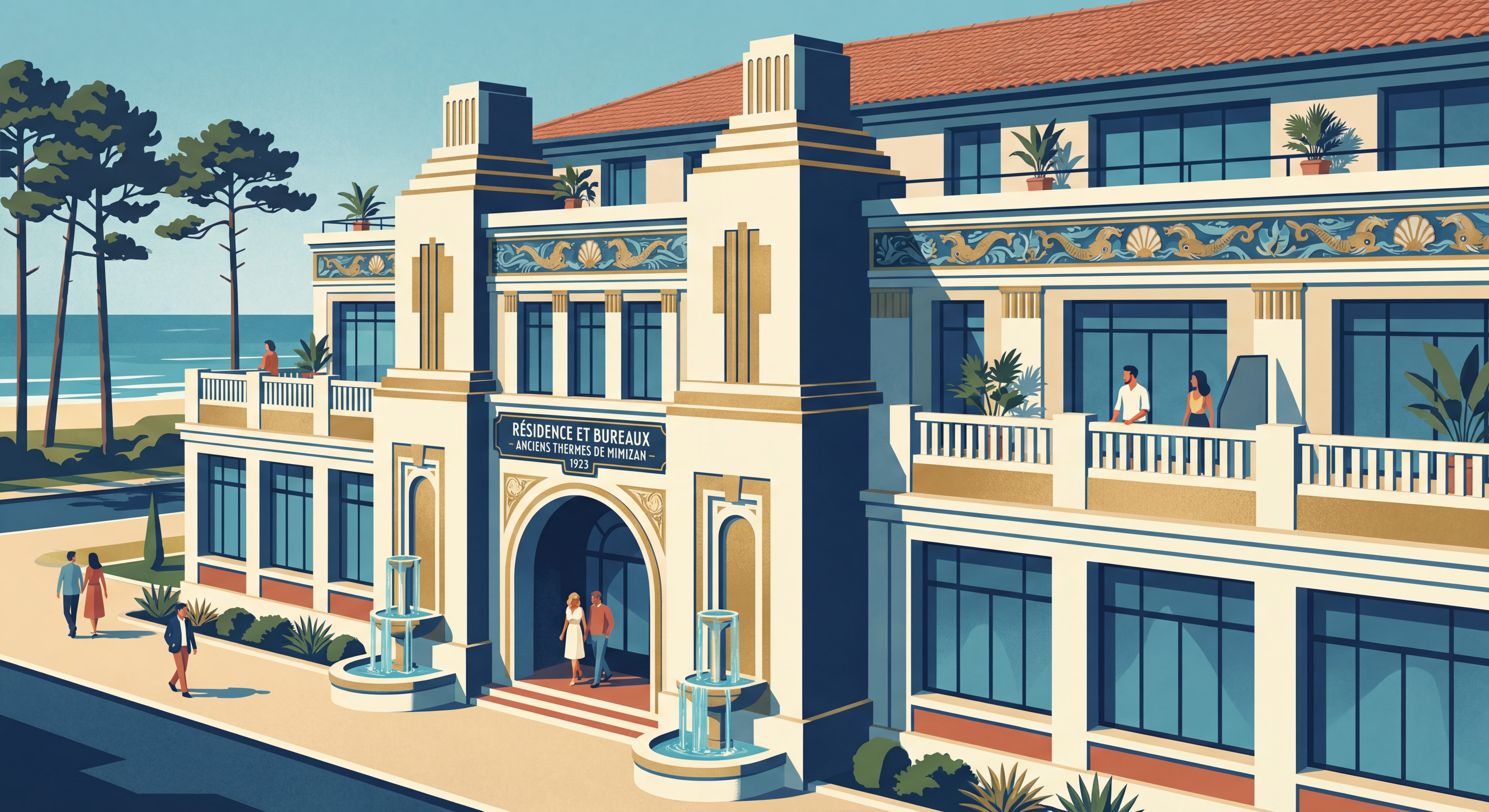 Ancien établissement d'hydrothérapie de Mimizan construit en 1923, style Art déco, reconverti en logements et bureaux