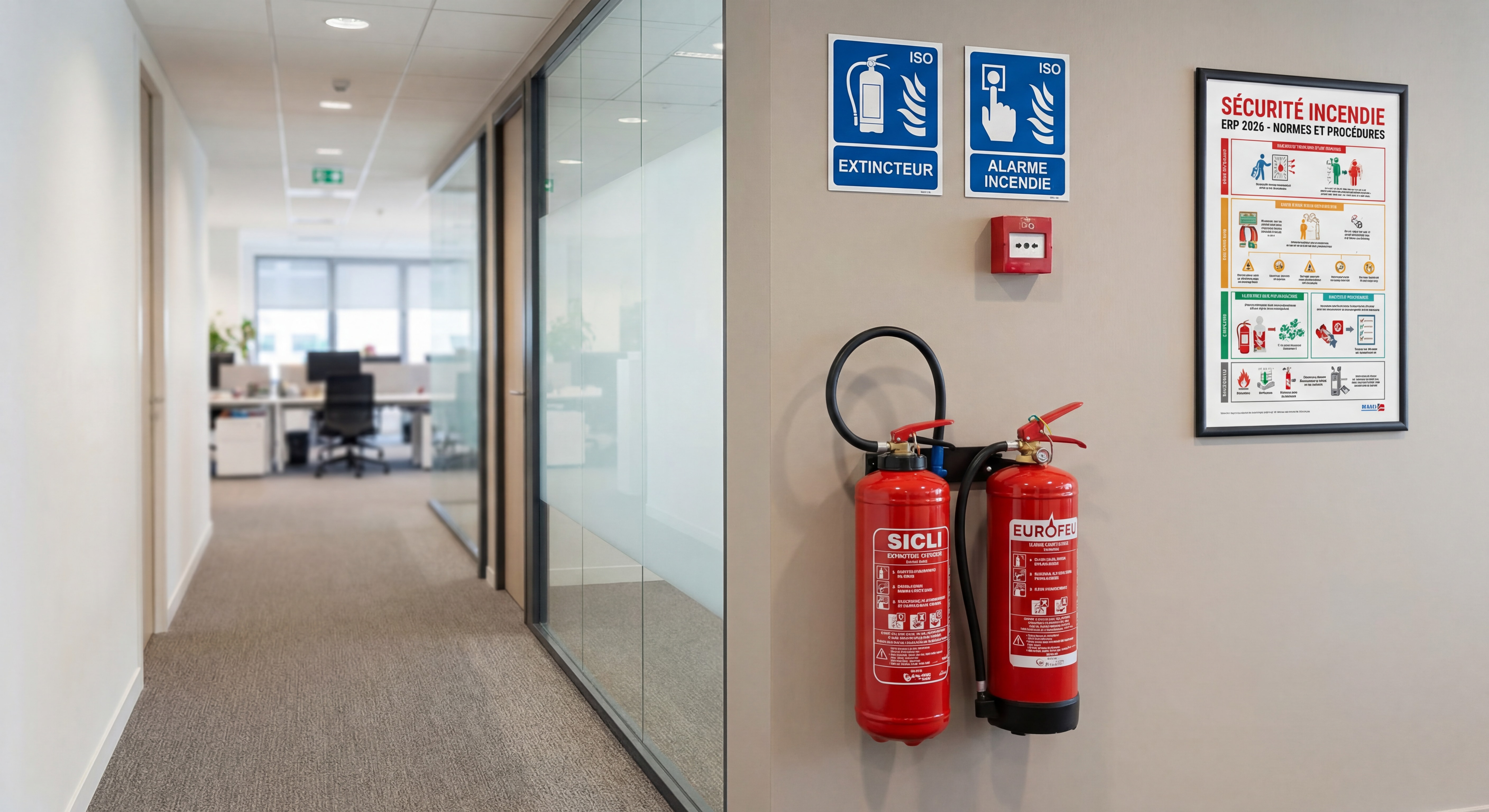 Extincteur Sicli et Eurofeu installés dans un couloir professionnel avec signalétique incendie normalisée, sécurité incendie ERP 2026