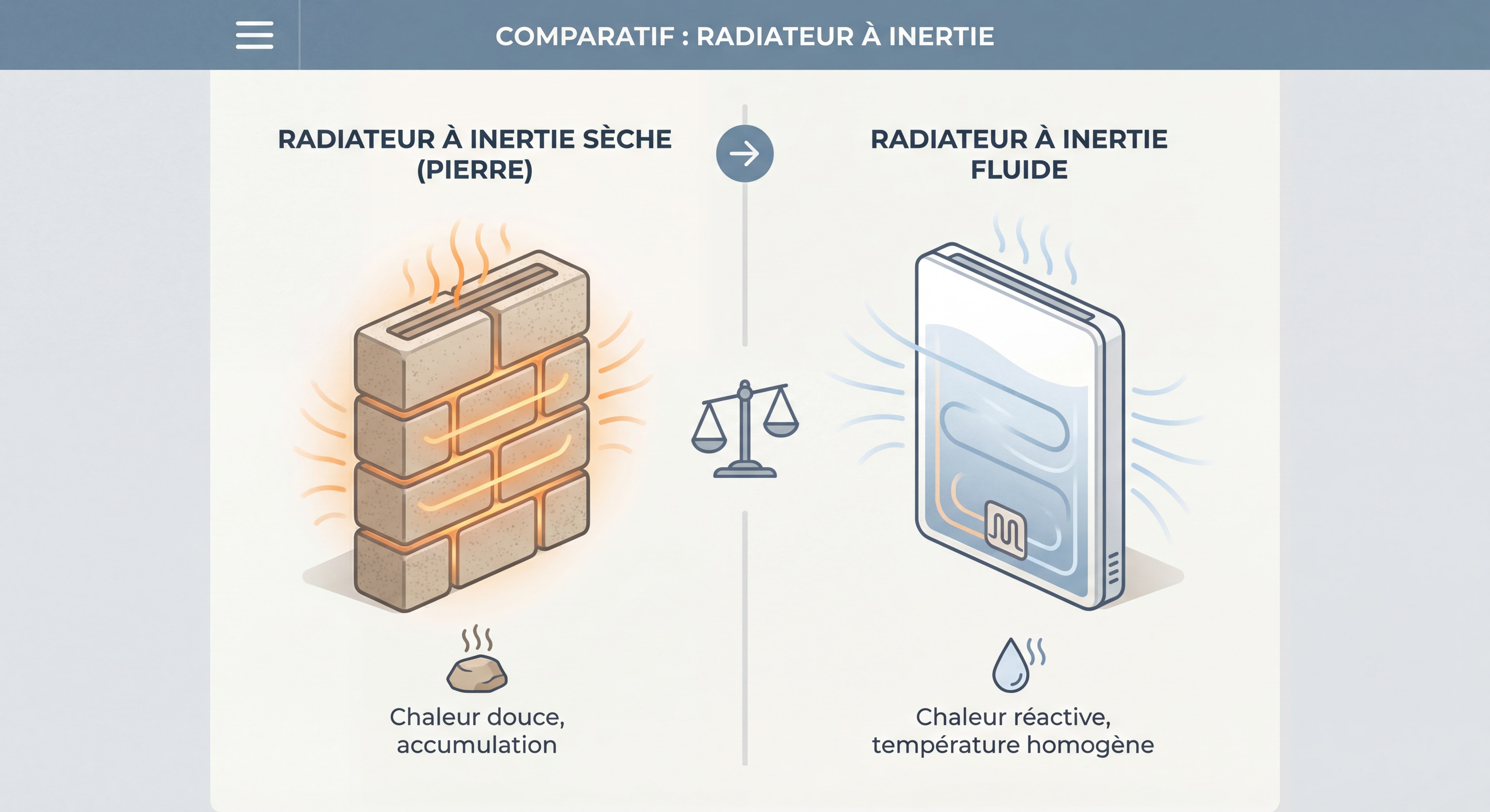 Radiateur à inertie sèche en pierre réfractaire à gauche et radiateur à inertie fluide à droite