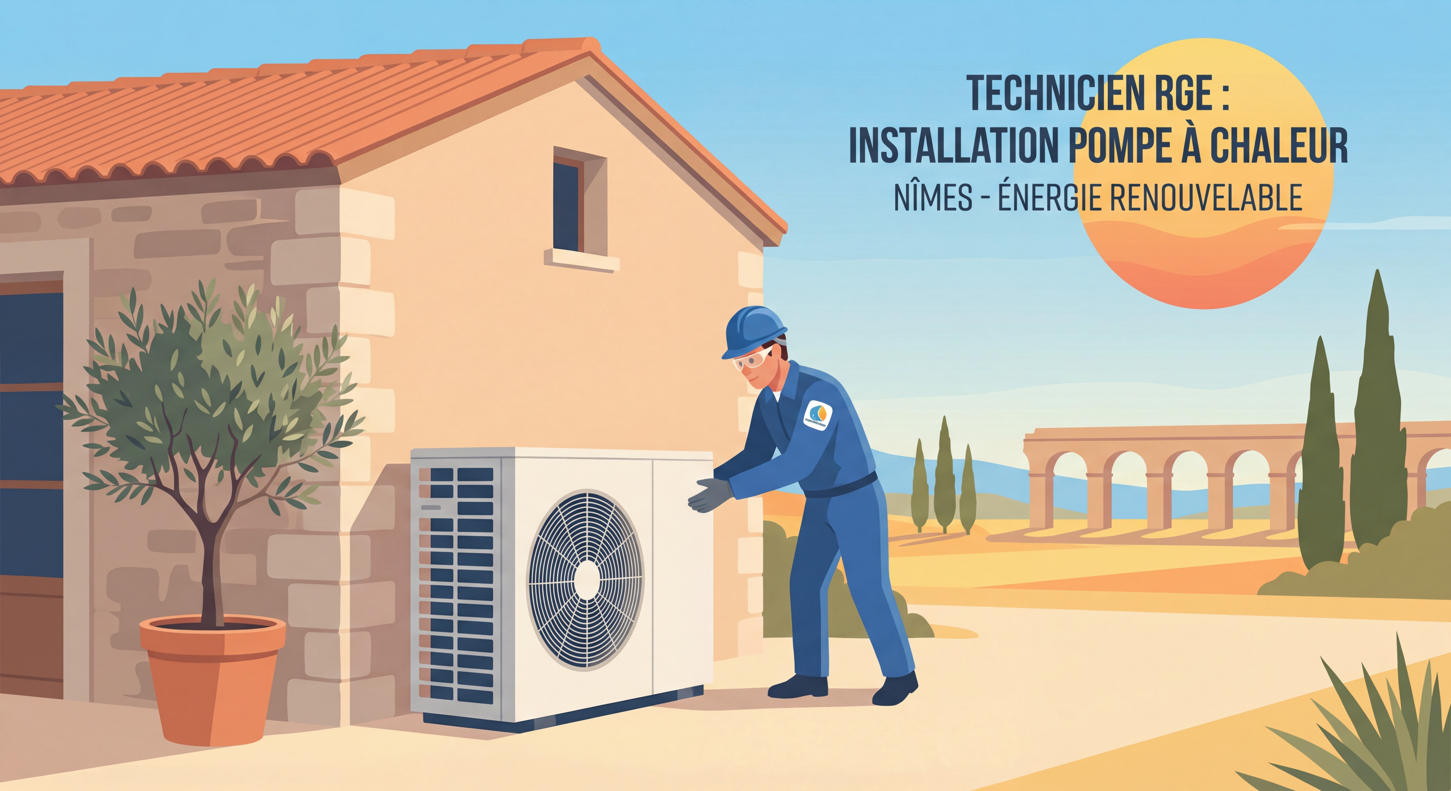 Technicien RGE installant une unité extérieure de pompe à chaleur air-eau devant une maison individuelle à Nîmes, avec le soleil méditerranéen en arrière-plan
