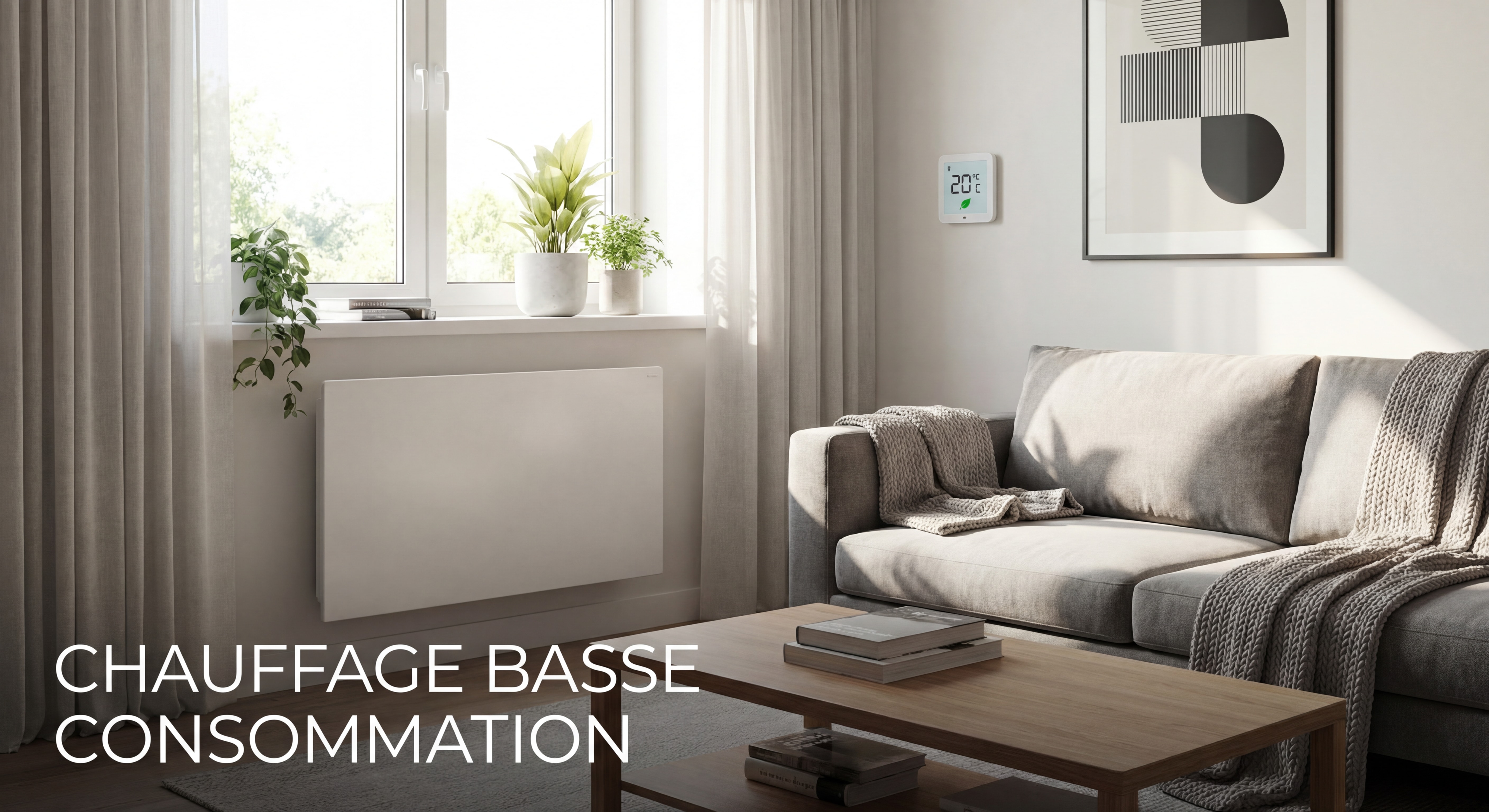 Radiateur électrique à inertie moderne installé dans un salon lumineux, chauffage basse consommation