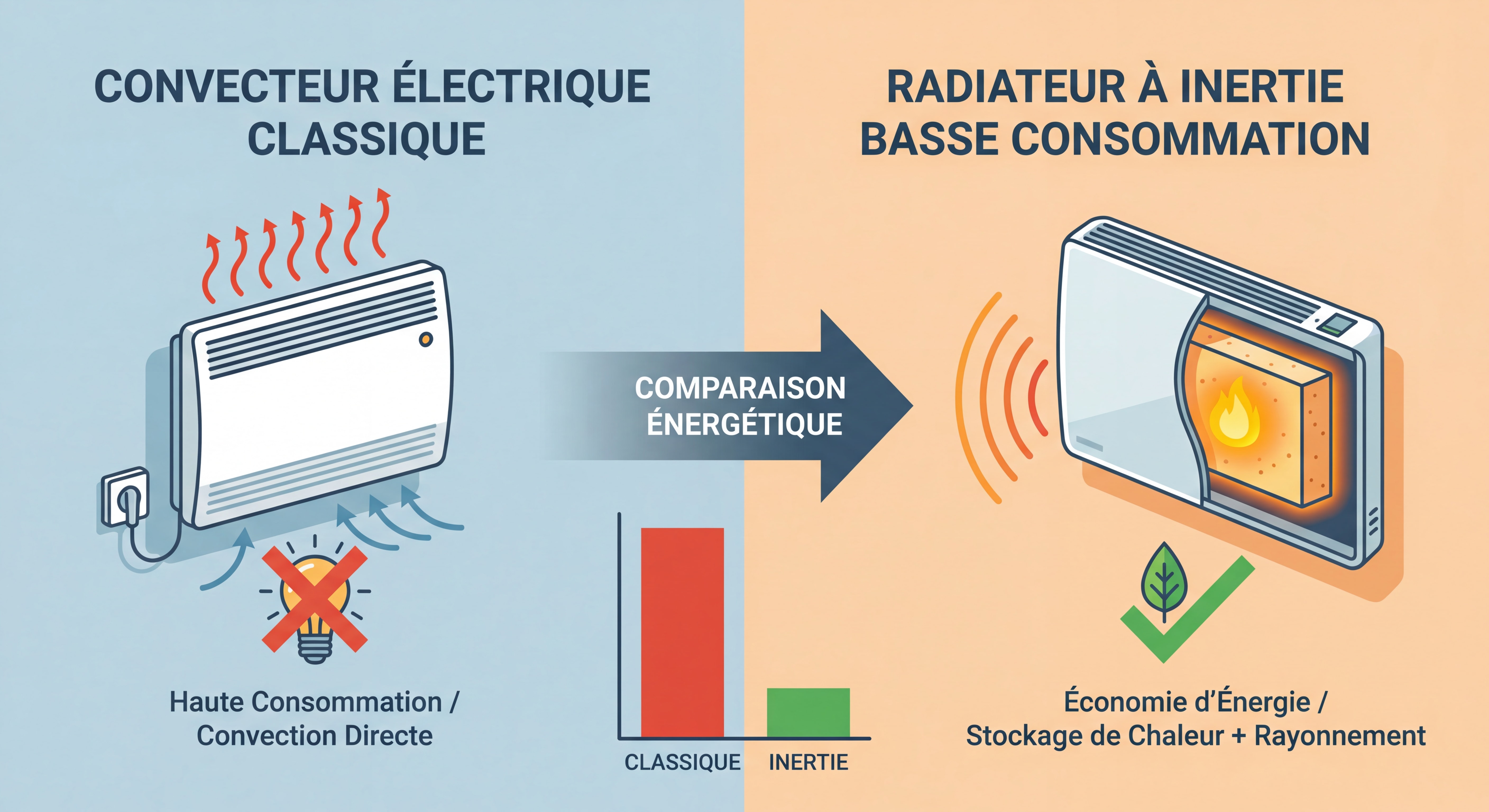 Comparaison entre un convecteur électrique classique et un radiateur à inertie basse consommation