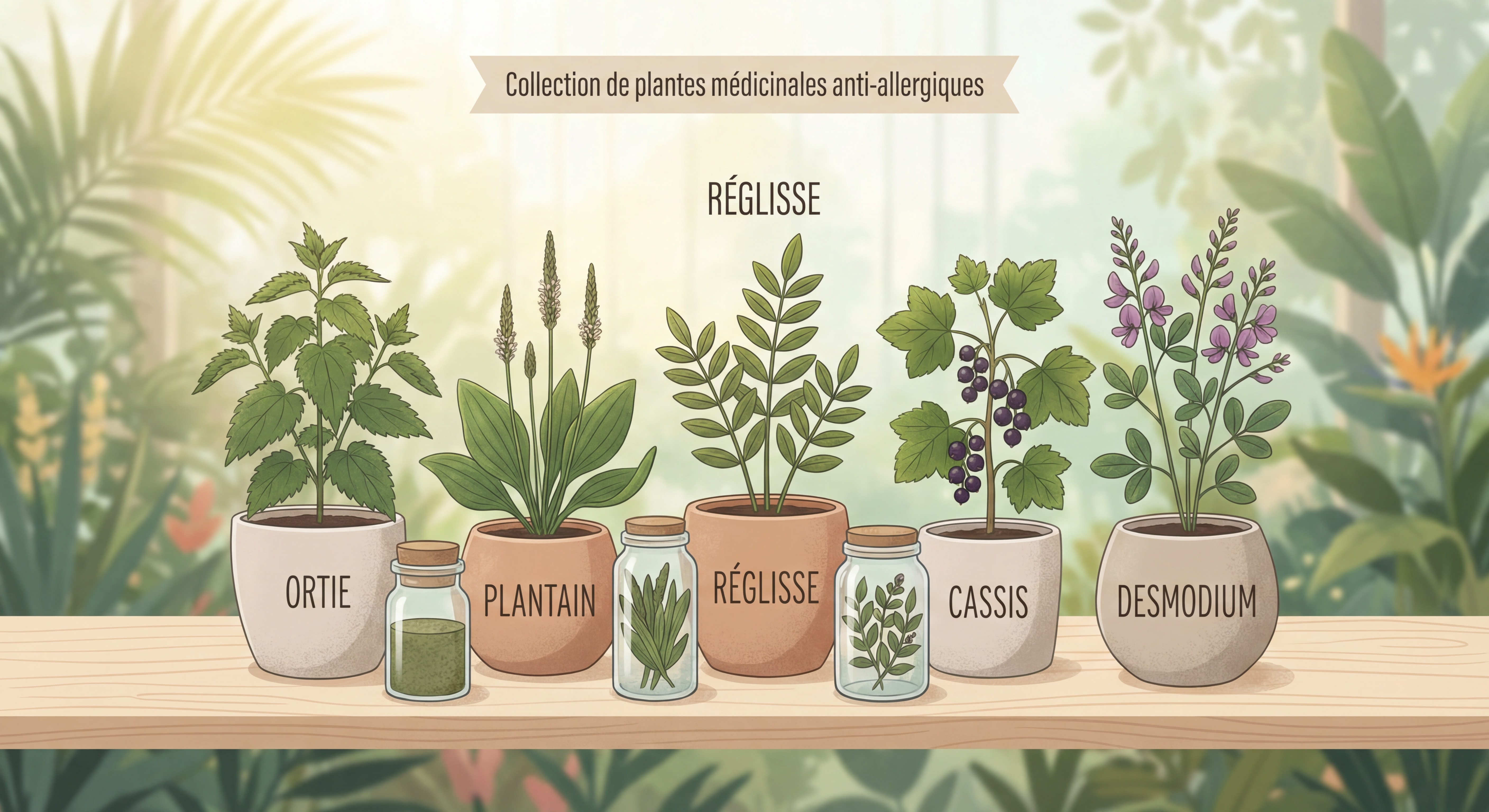 Collection de plantes médicinales anti-allergiques - ortie, plantain, réglisse, cassis et desmodium sur fond naturel