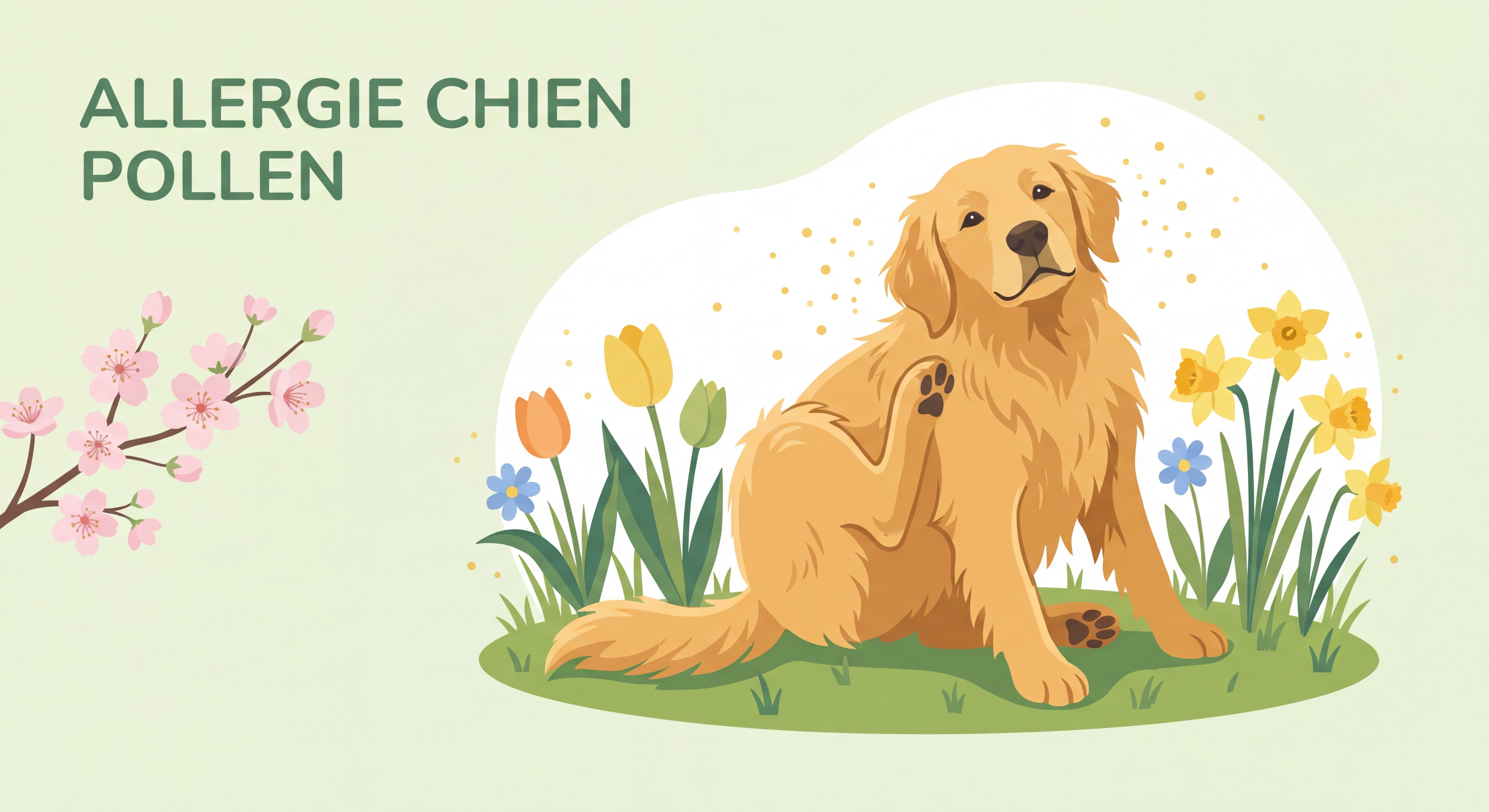 Chien golden retriever se grattant les oreilles dans un jardin fleuri au printemps - allergie chien pollen