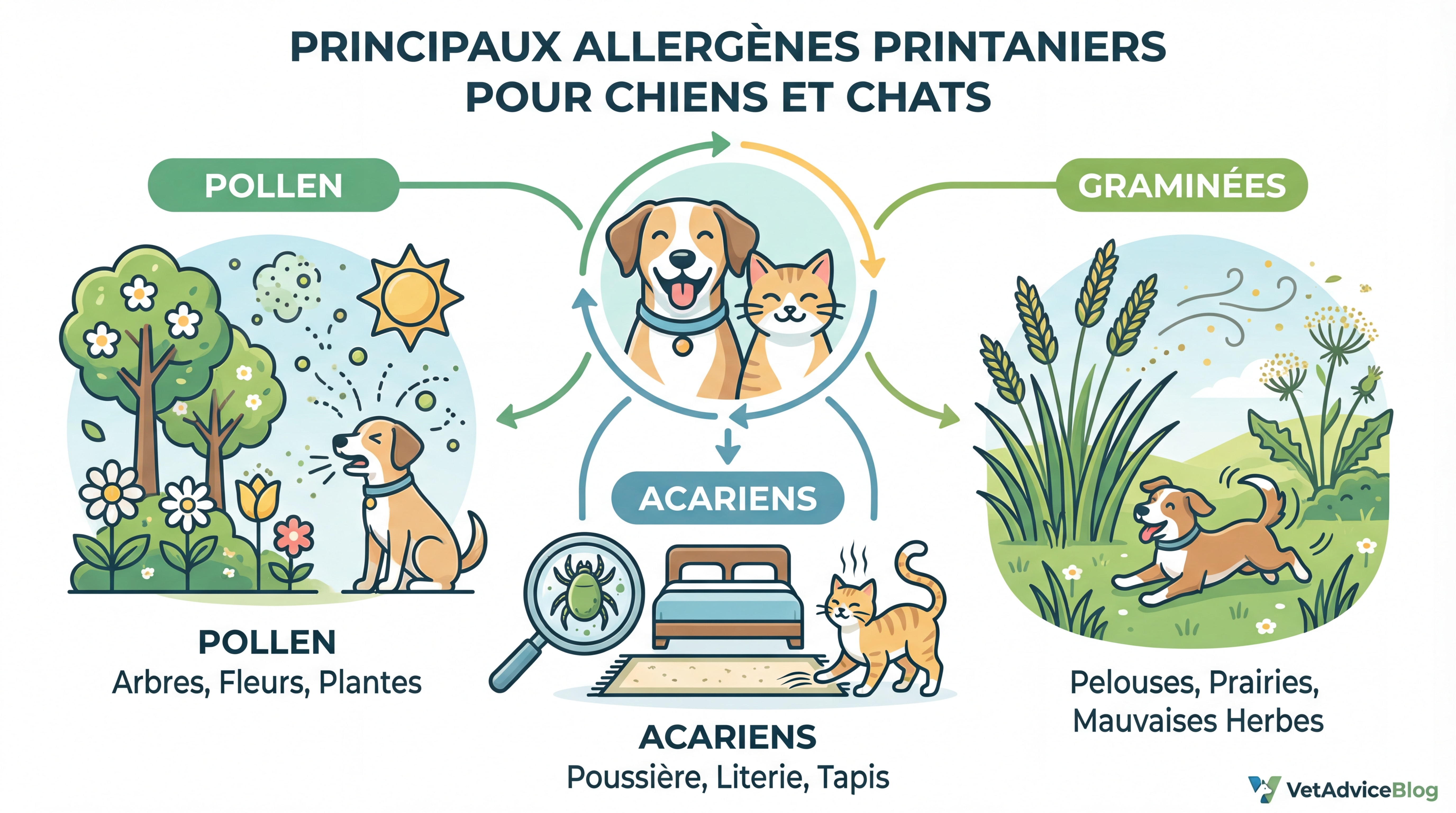Infographie illustrant les principaux allergènes printaniers pour chiens et chats - pollen, acariens, graminées