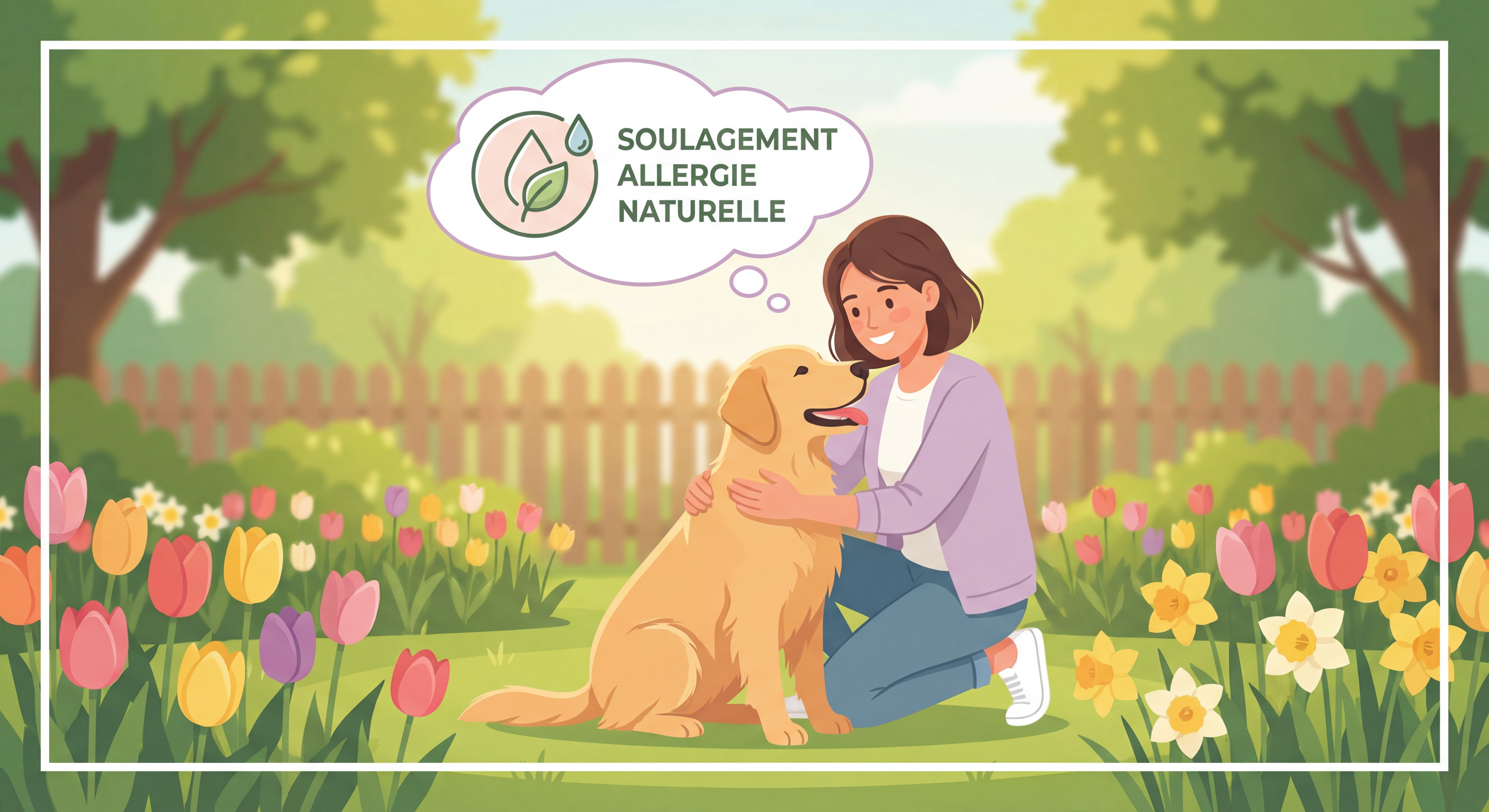 Propriétaire heureux avec son chien en bonne santé dans un jardin fleuri au printemps - soulagement allergie naturelle