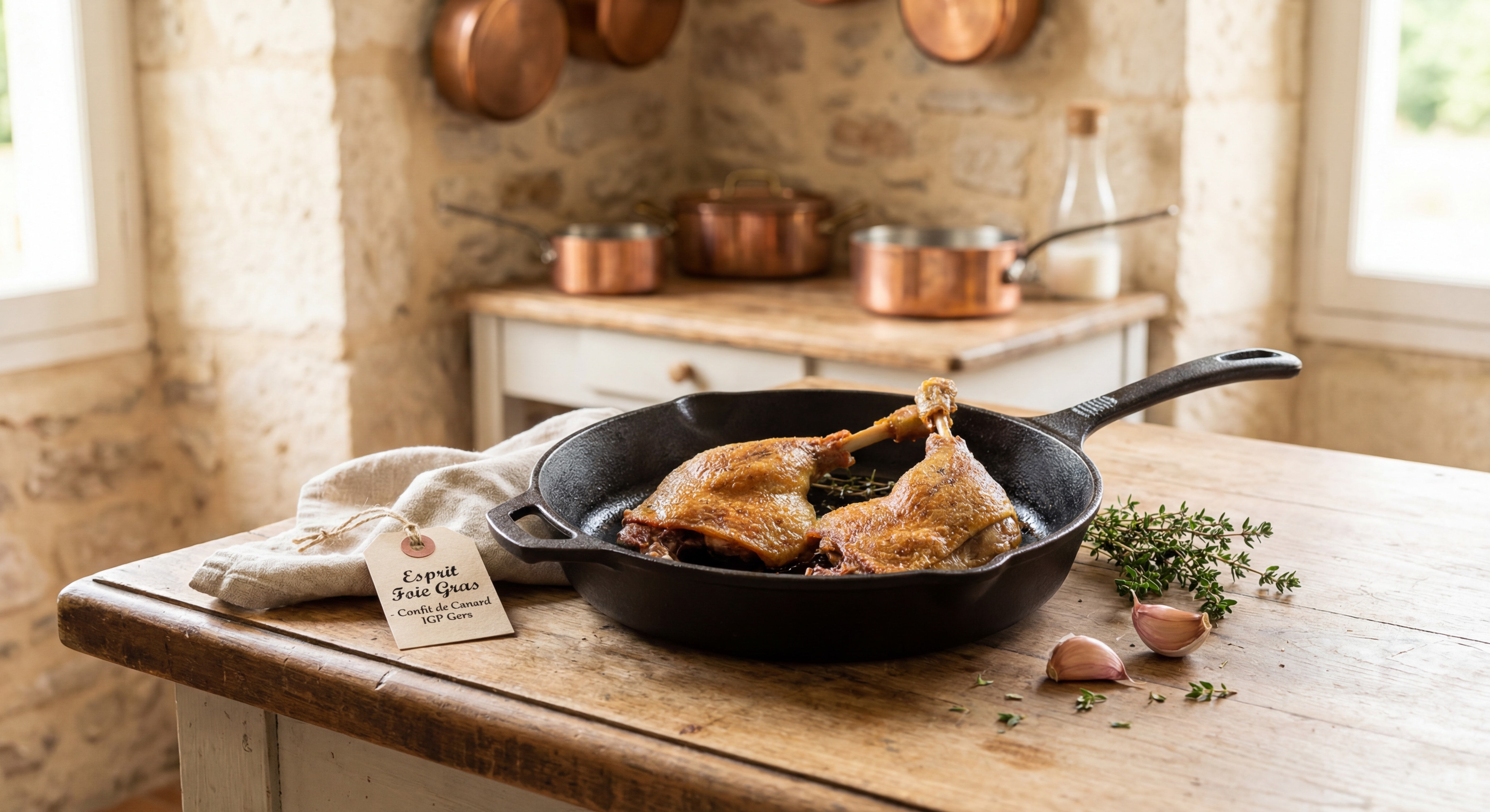 Cuisses de canard confites dorées et croustillantes dans une poêle en fonte, avec fond de cuisine rustique du Gers — confit de canard IGP Gers artisanal Esprit Foie Gras