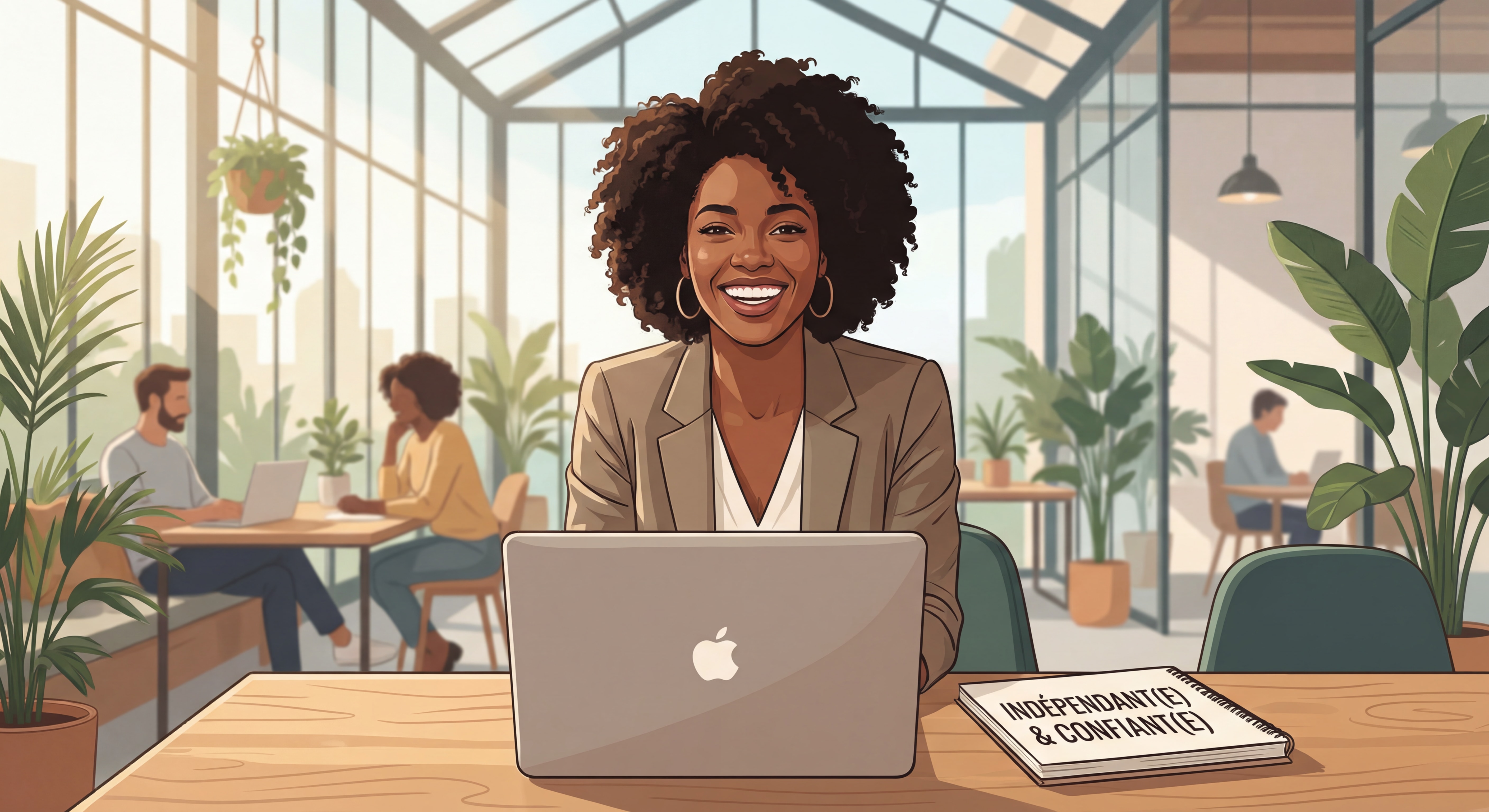 Indépendant(e) confiant(e) souriant devant un laptop dans un espace de coworking moderne, lumière naturelle, posture dynamique et inspirante