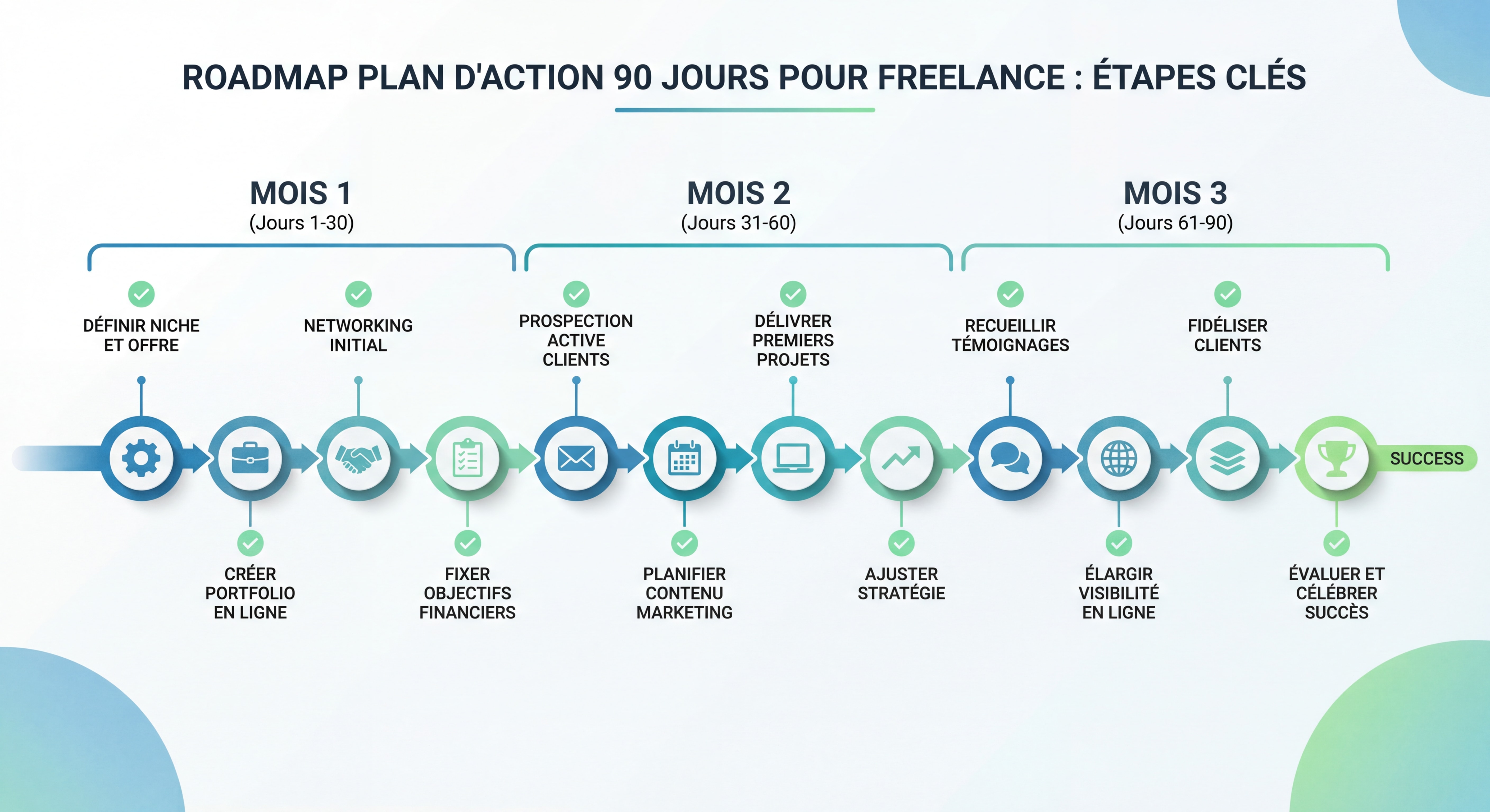 Infographie roadmap plan d'action 90 jours pour freelance : timeline visuelle avec 3 mois d'étapes clés, design épuré et actionnable, couleurs bleu et vert