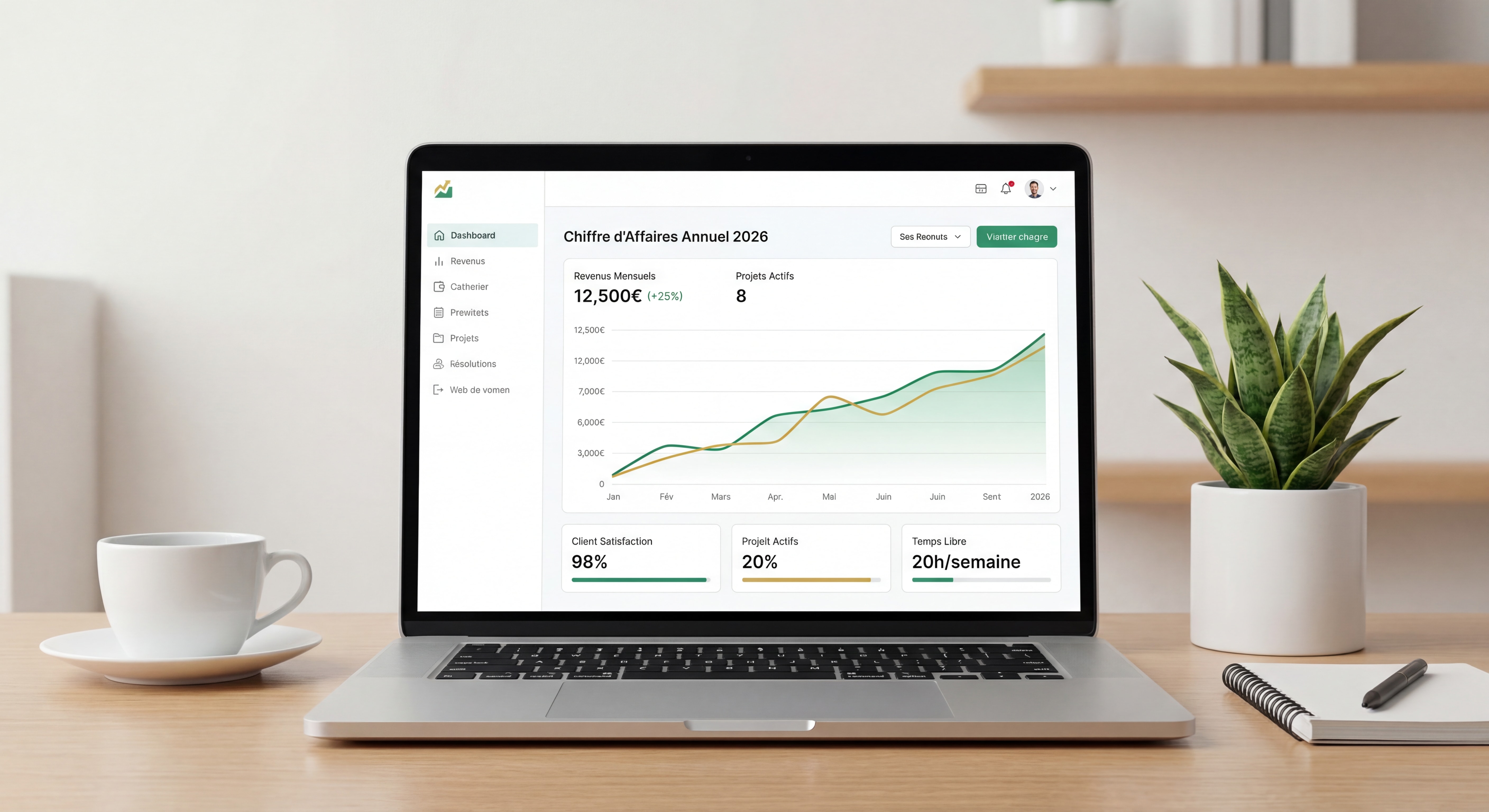 Dashboard d'outil de gestion freelance moderne montrant un suivi de chiffre d'affaires avec courbe ascendante, interface clean et données inspirantes, style mockup professionnel