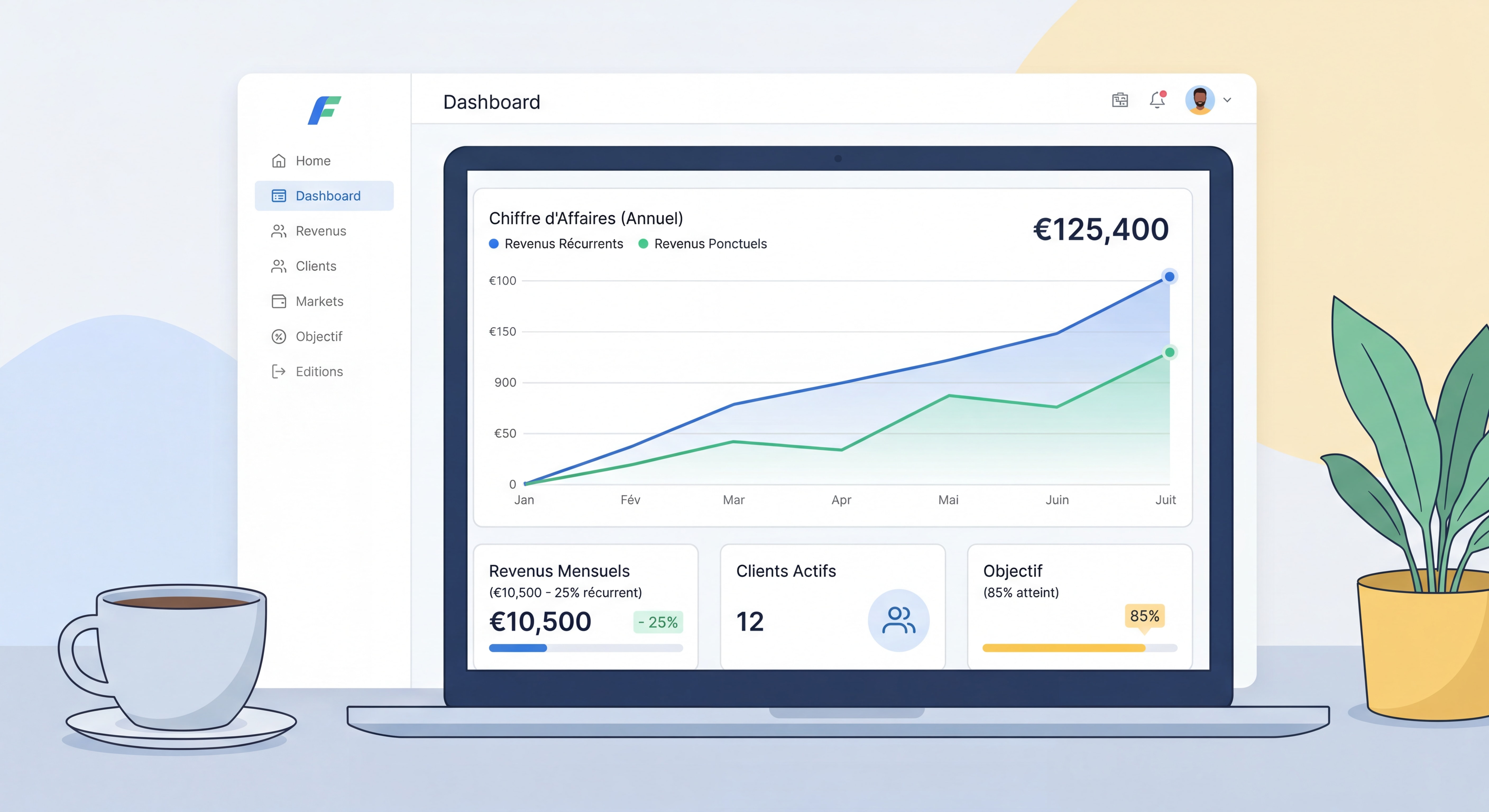 Tableau de bord moderne d'un outil de gestion freelance montrant la progression du chiffre d'affaires avec revenus récurrents et ponctuels, interface épurée et données inspirantes
