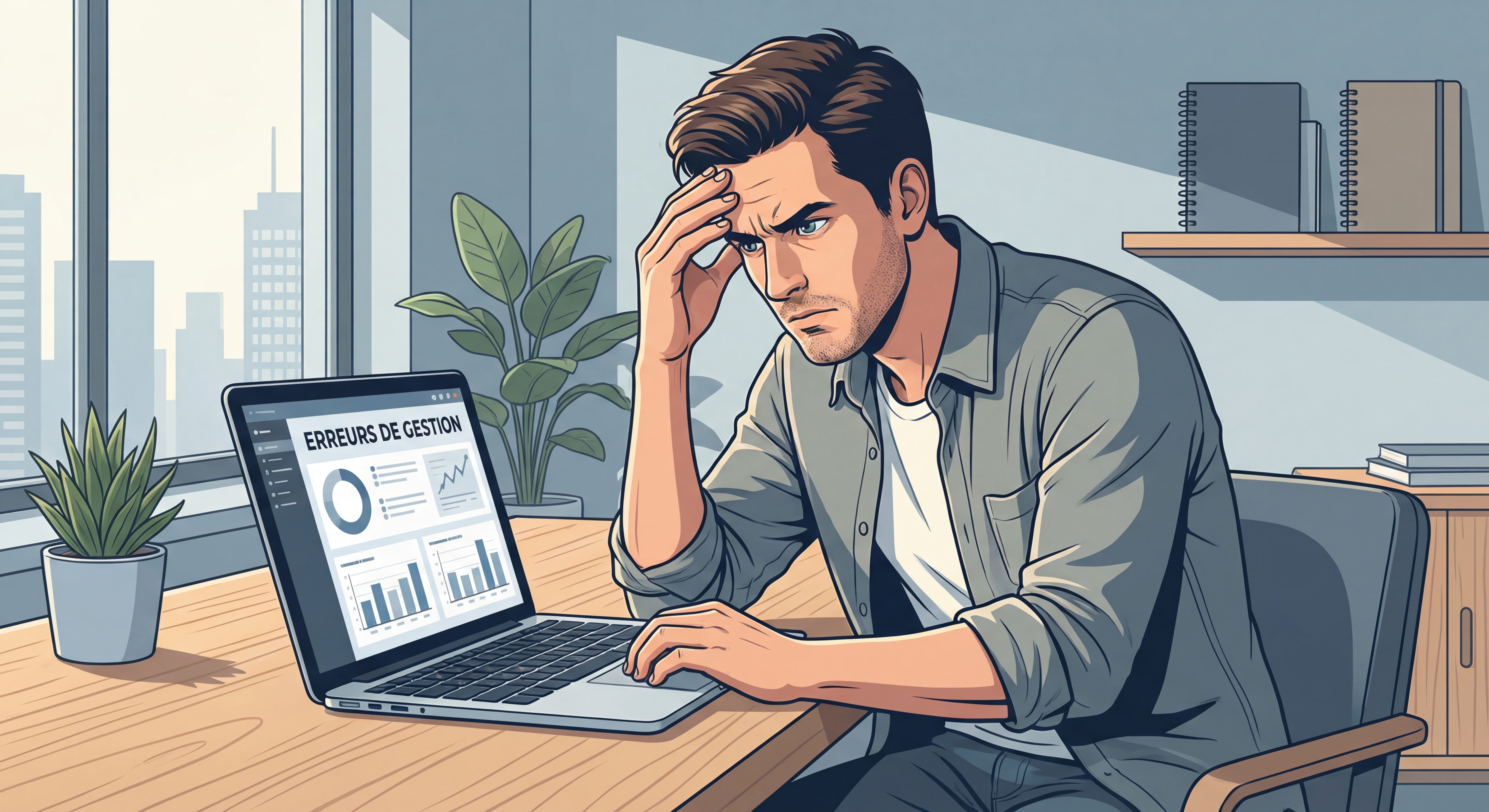 Freelance indépendant frustré devant son ordinateur portableréalisant ses erreurs de gestion, bureau moderne, expression pensive mais déterminée