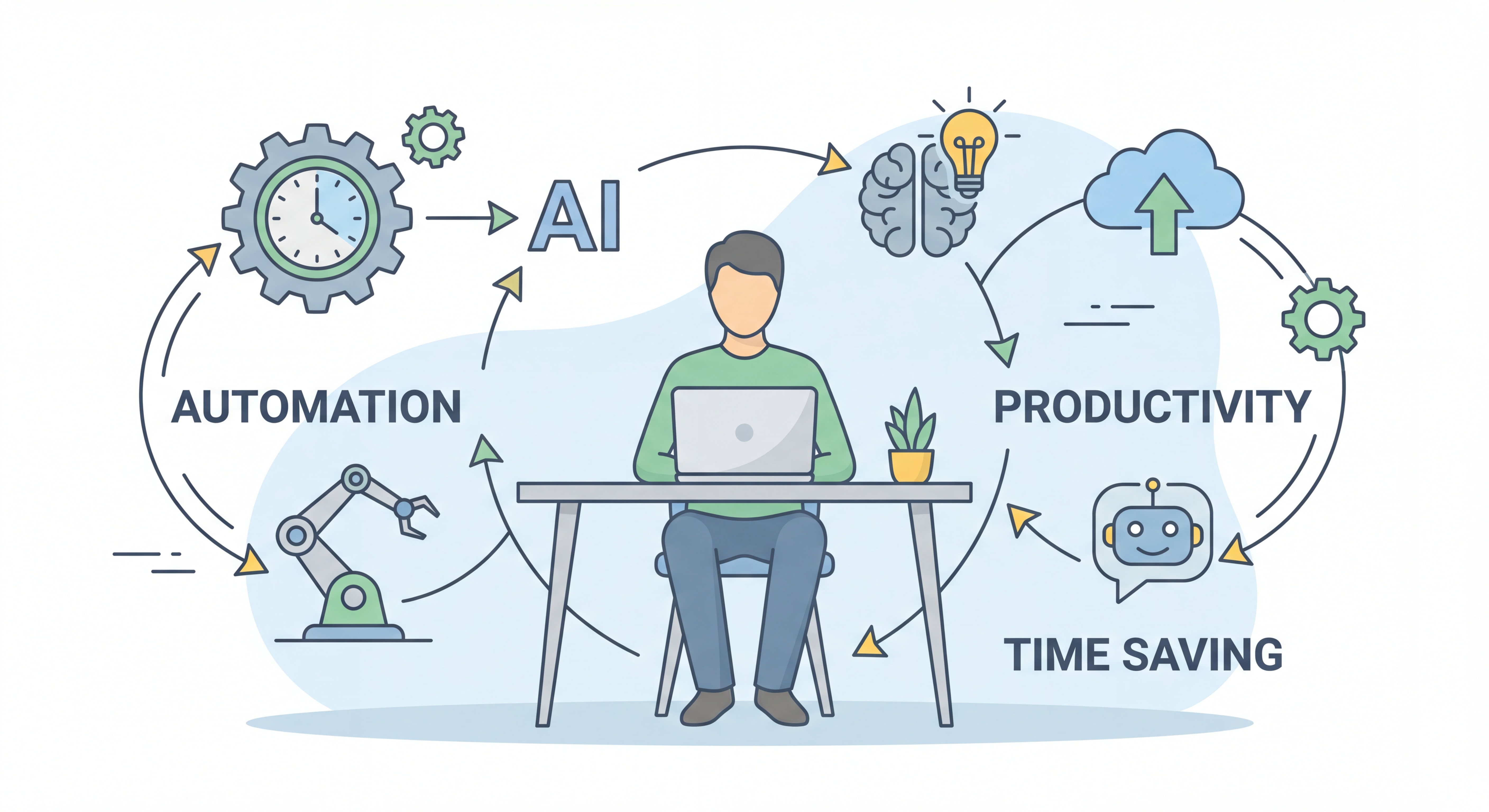 Illustration flat design d'un indépendant entouré d'outils d'automation et d'intelligence artificielle, engrenages connectés symbolisant la productivité optimisée et le gain de temps