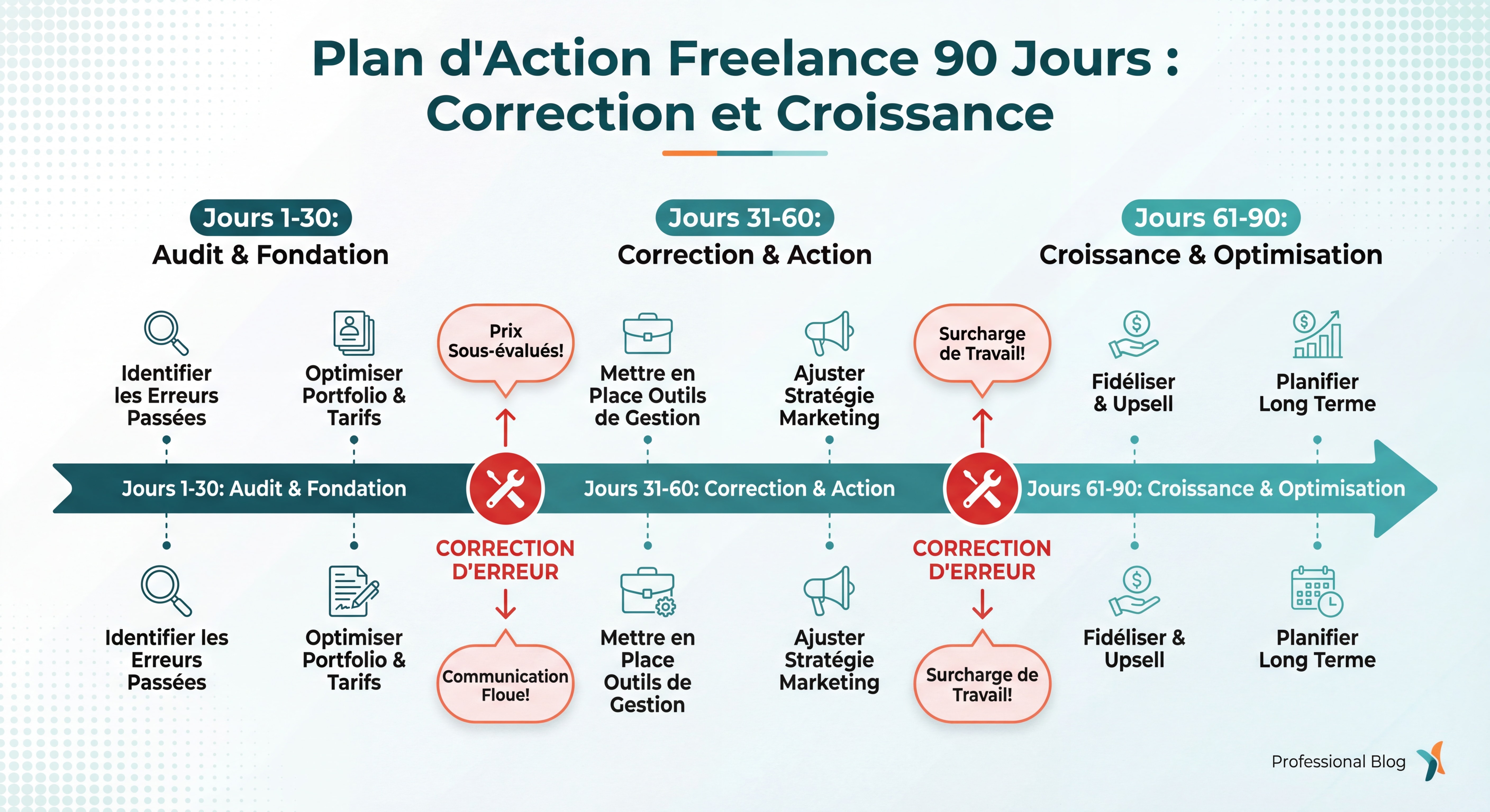 Roadmap visuelle plan d'action 90 jours pour freelance indépendant, timeline avec étapes clés de correction des erreurs, design infographique moderne et actionnable