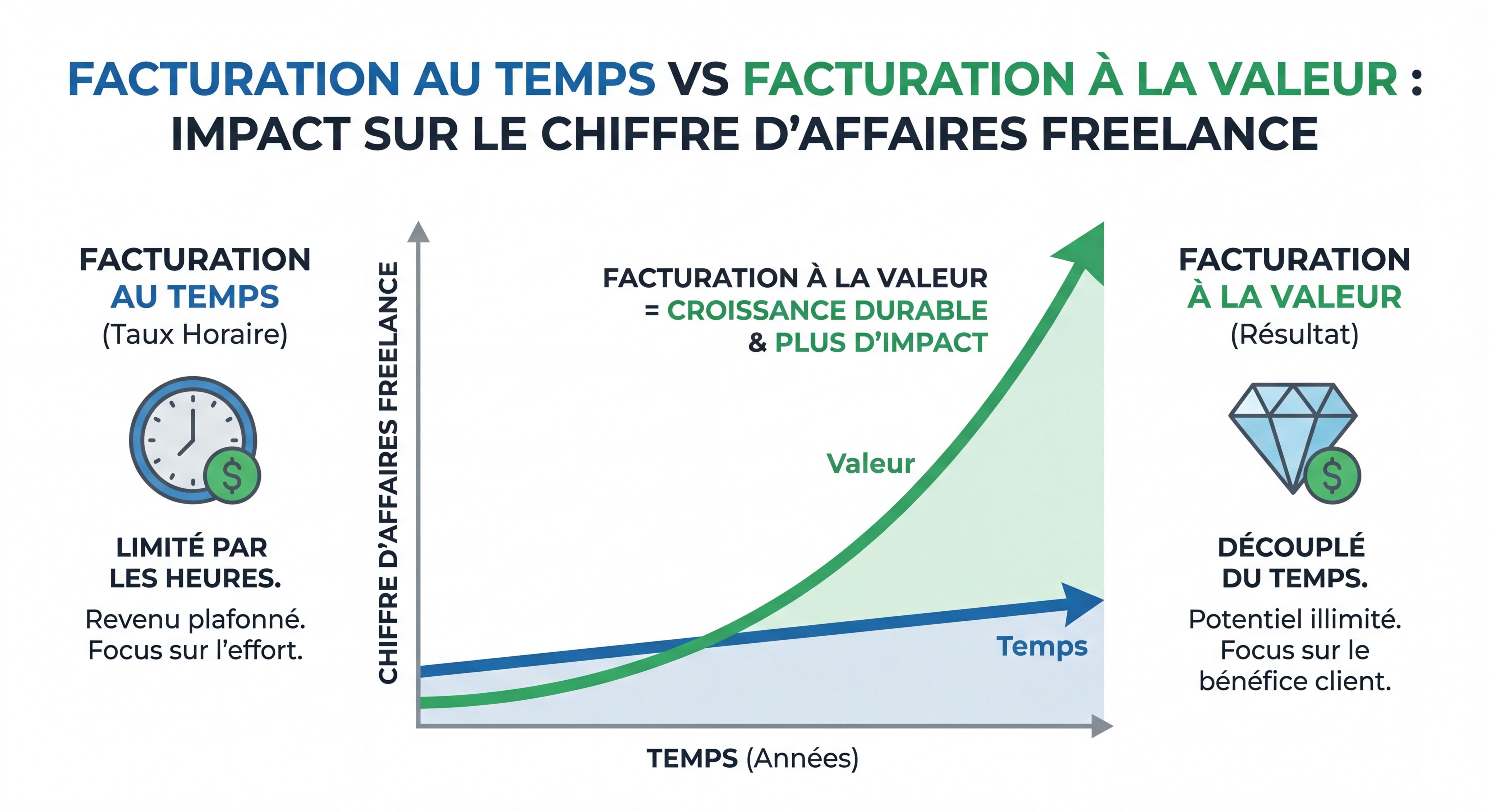 Infographie comparant le modèle de facturation au temps versus la facturation à la valeur, graphique ascendant montrant l'impact sur le chiffre d'affaires freelance