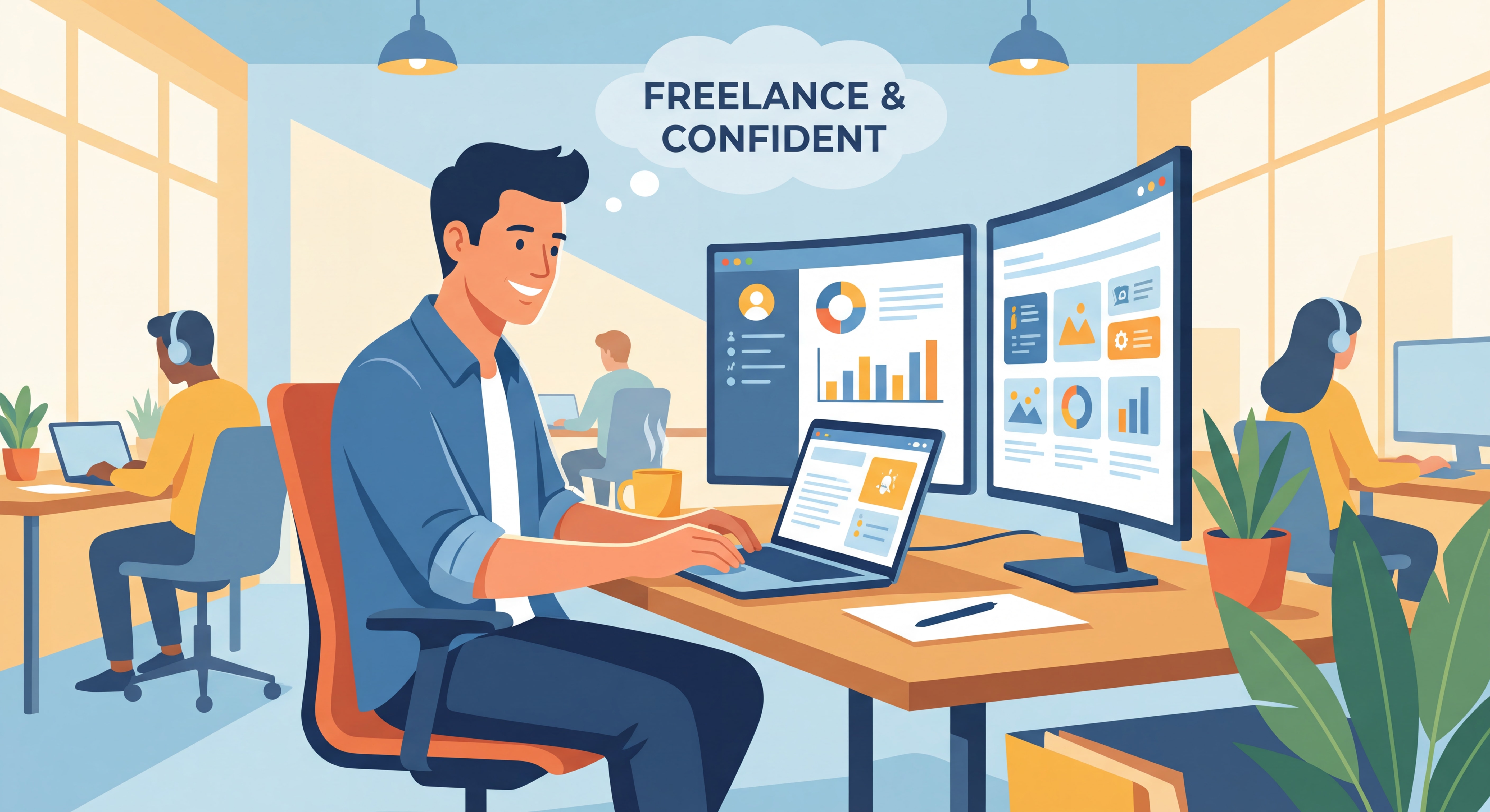 Freelance indépendant confiant travaillant sur son laptop dans un espace de coworking moderne, entouré d'outils numériques sur plusieurs écrans, lumière naturelle, ambiance productive et inspirante