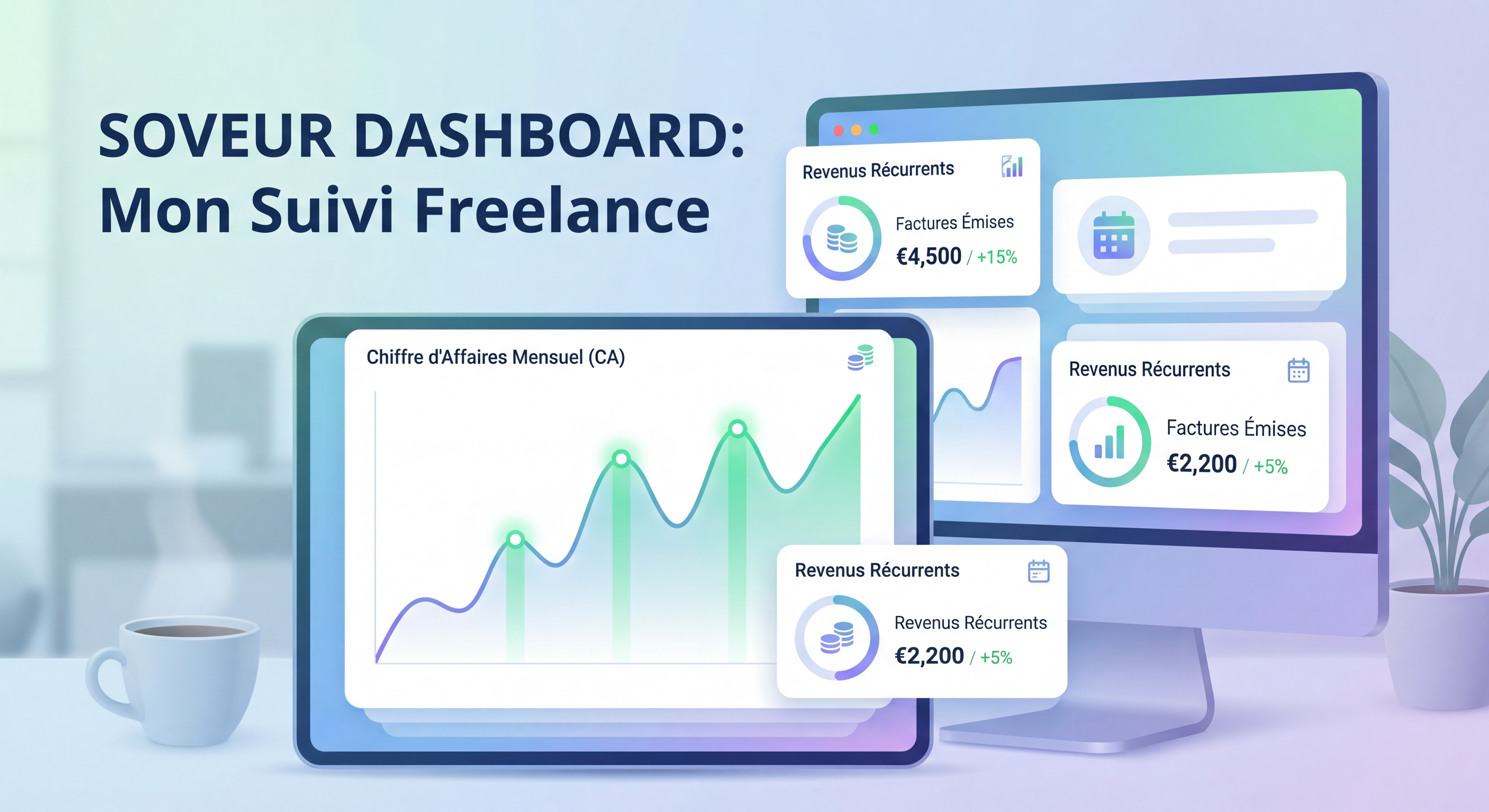 Dashboard moderne d'un outil de gestion freelance type Soveur montrant le suivi du chiffre d'affaires mensuel, les factures émises et les revenus récurrents, interface clean et données inspirantes