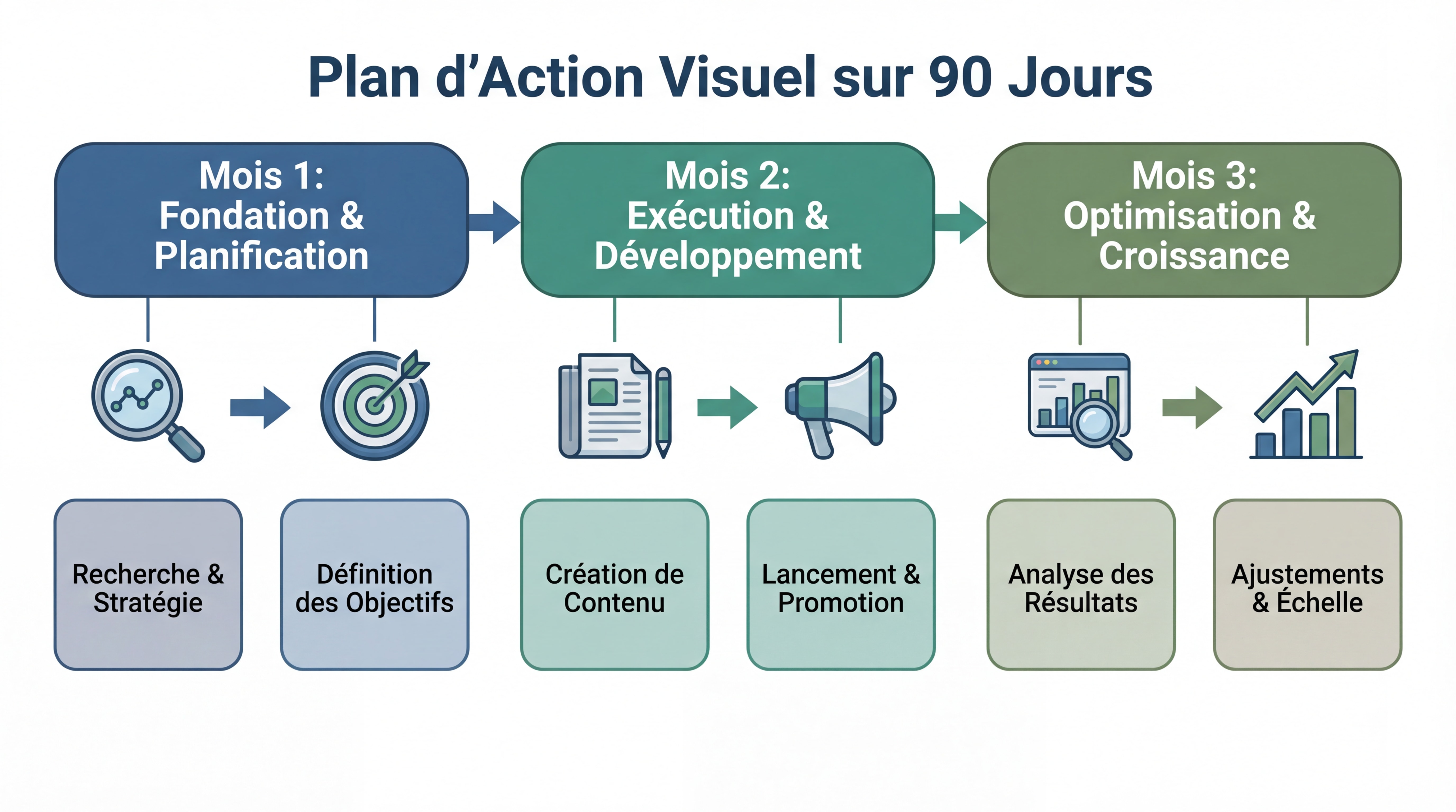 Roadmap / plan d'action visuel sur 90 jours — timeline horizontale avec les 3 mois et leurs étapes clés, style infographie simple et actionnable, couleurs professionnelles