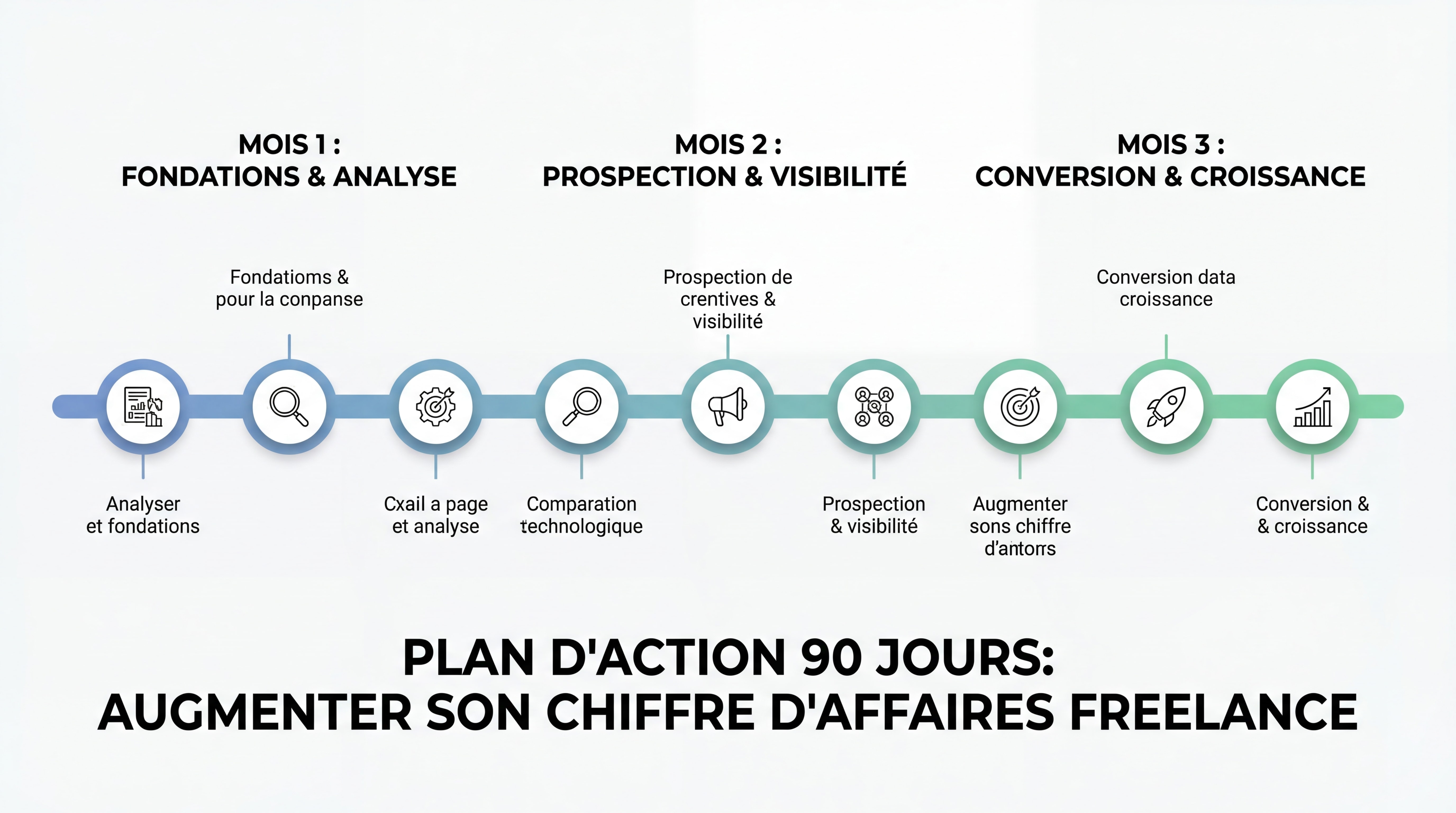 Infographie roadmap plan d'action 90 jours pour augmenter son chiffre d'affaires freelance, timeline visuelle avec étapes clés mois par mois