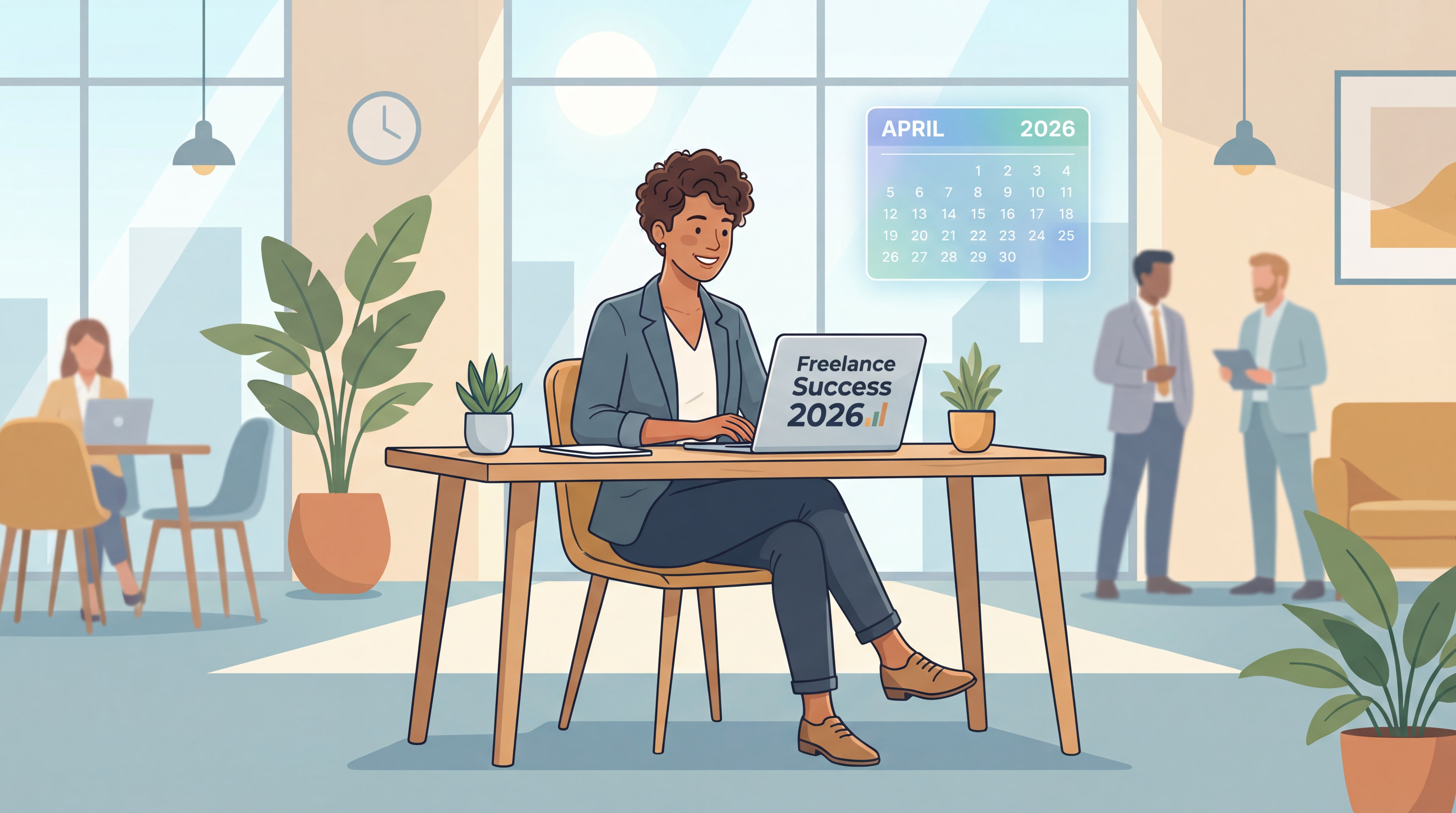 Indépendant(e) confiant(e) souriant devant son laptop dans un espace de travail moderne et lumineux, symbolisant la réussite freelance en 2026