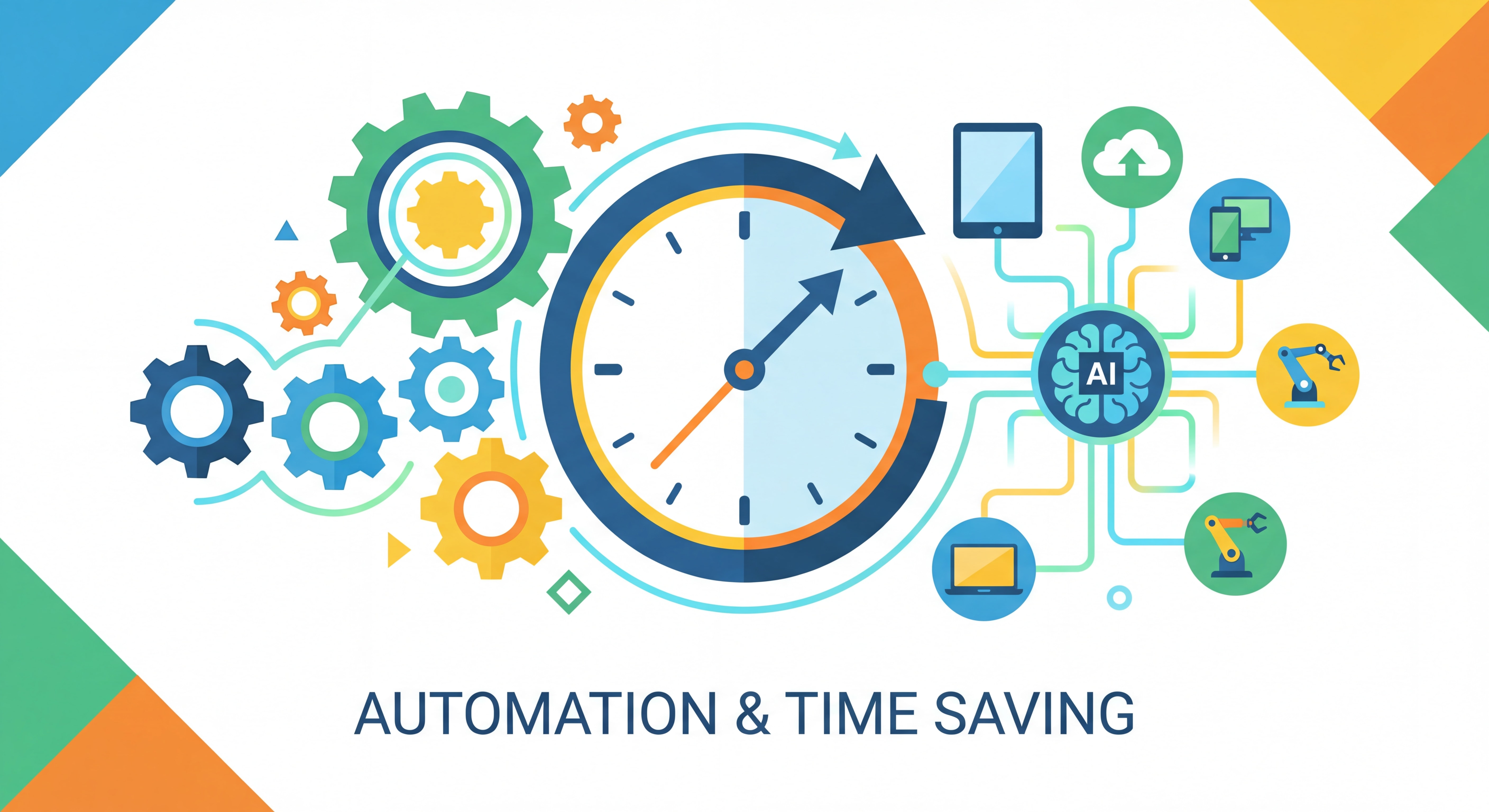 Illustration flat design moderne représentant le concept d'automation et de gain de temps — engrenages, horloge, outils connectés et IA, style épuré avec couleurs vives et professionnelles