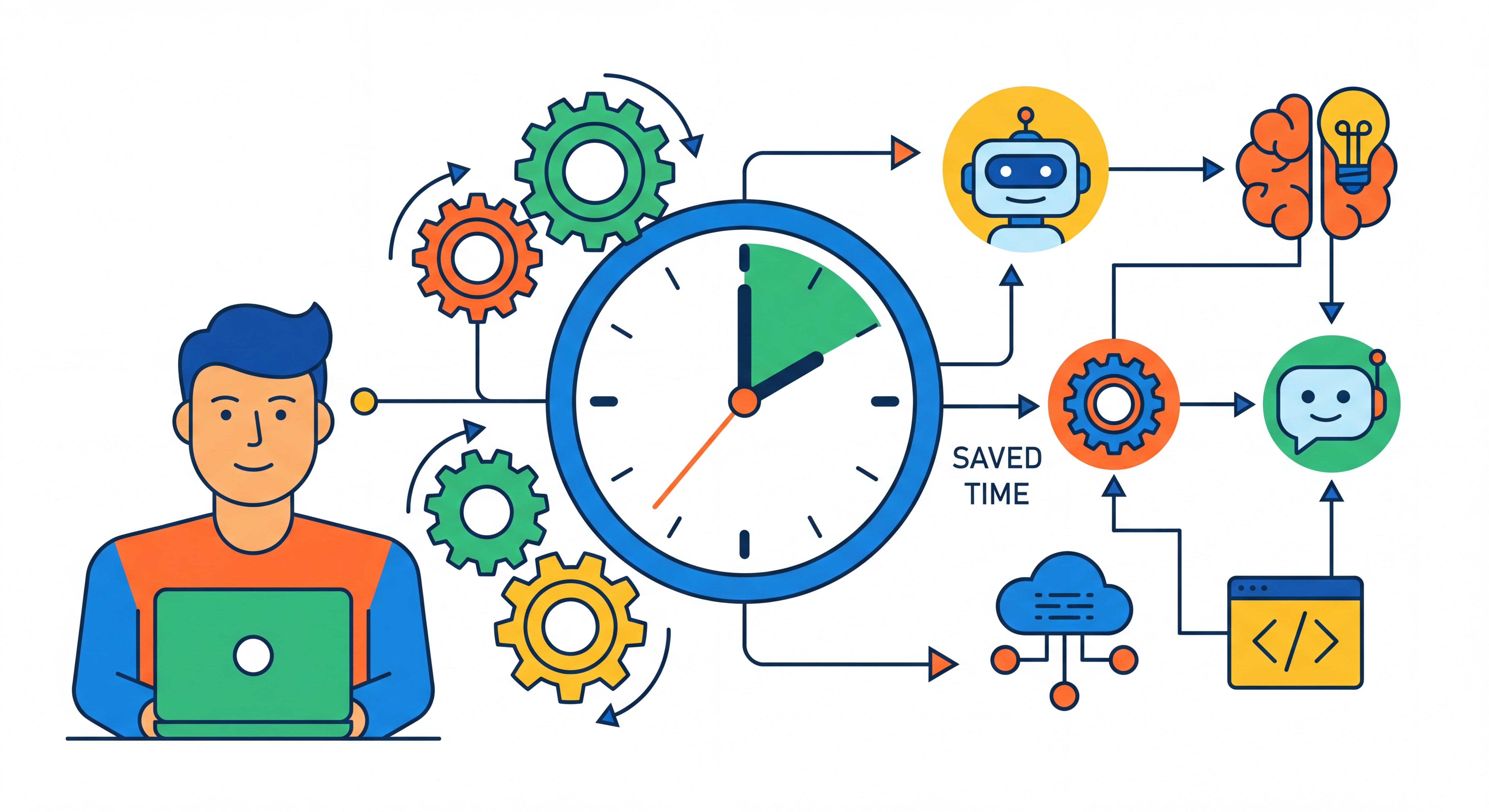 Illustration flat design moderne représentant l'automation freelance avec engrenages, horloge et outils IA connectés, couleurs vives et épurées
