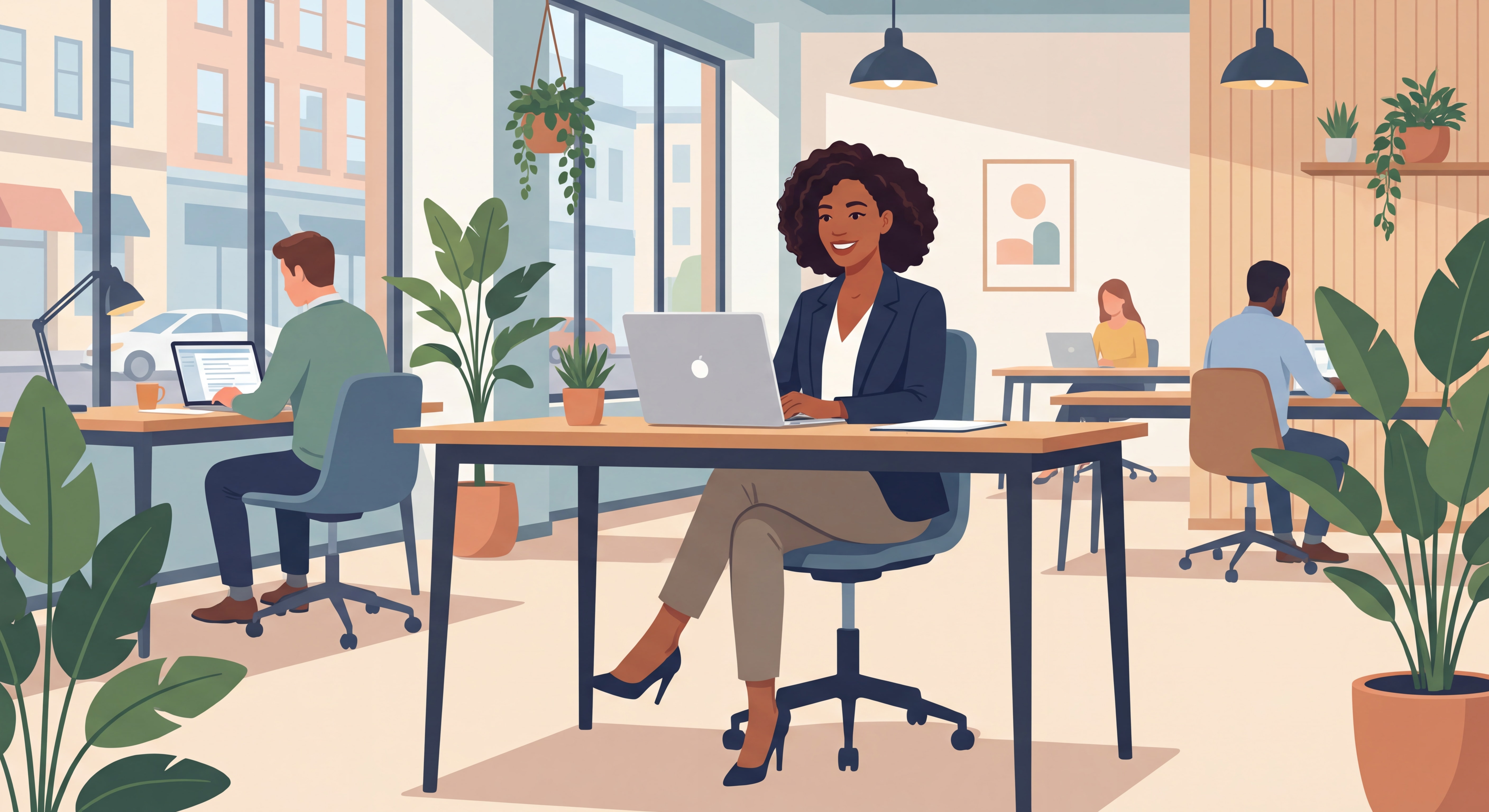 Indépendant(e) confiant(e) souriant devant son ordinateur portable dans un espace de coworking moderne et lumineux, posture assurée, ambiance inspirante