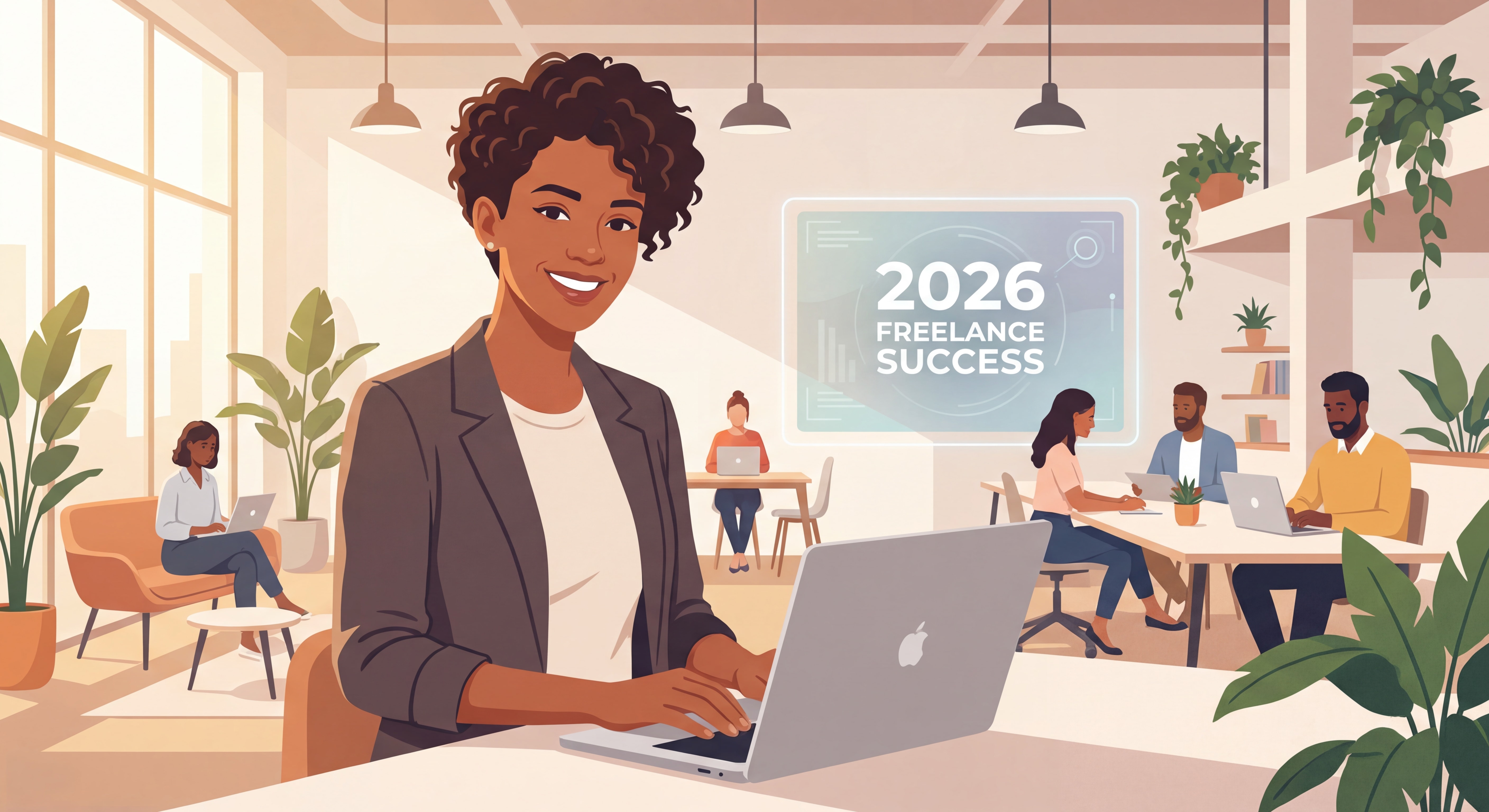Indépendant(e) confiant(e) souriant(e) devant un laptop dans un espace de coworking lumineux et moderne, symbolisant la réussite freelance en 2026