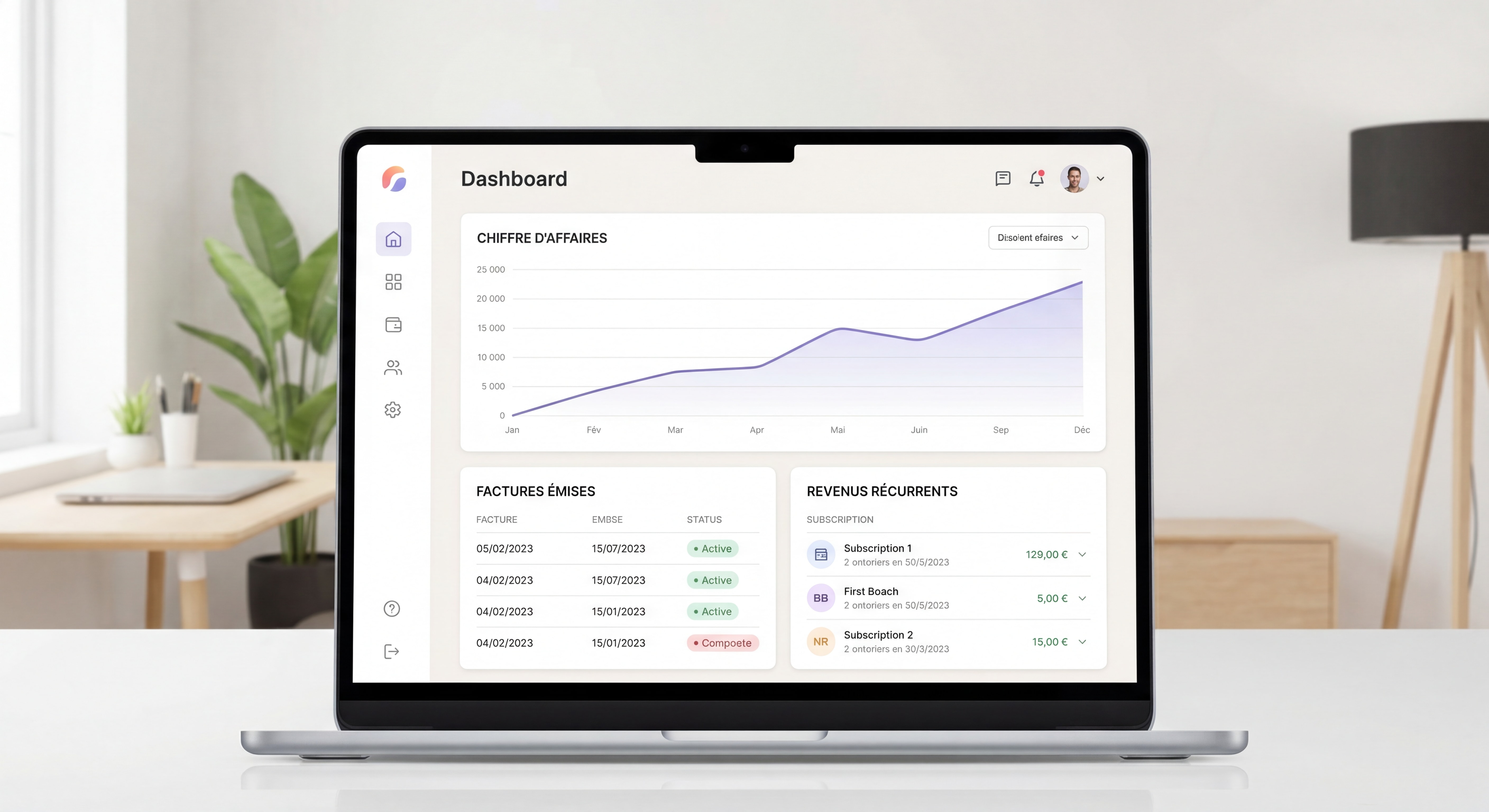 Mockup propre d'un dashboard de gestion freelance montrant un suivi de chiffre d'affaires avec courbe ascendante, factures émises et revenus récurrents — interface moderne et inspirante