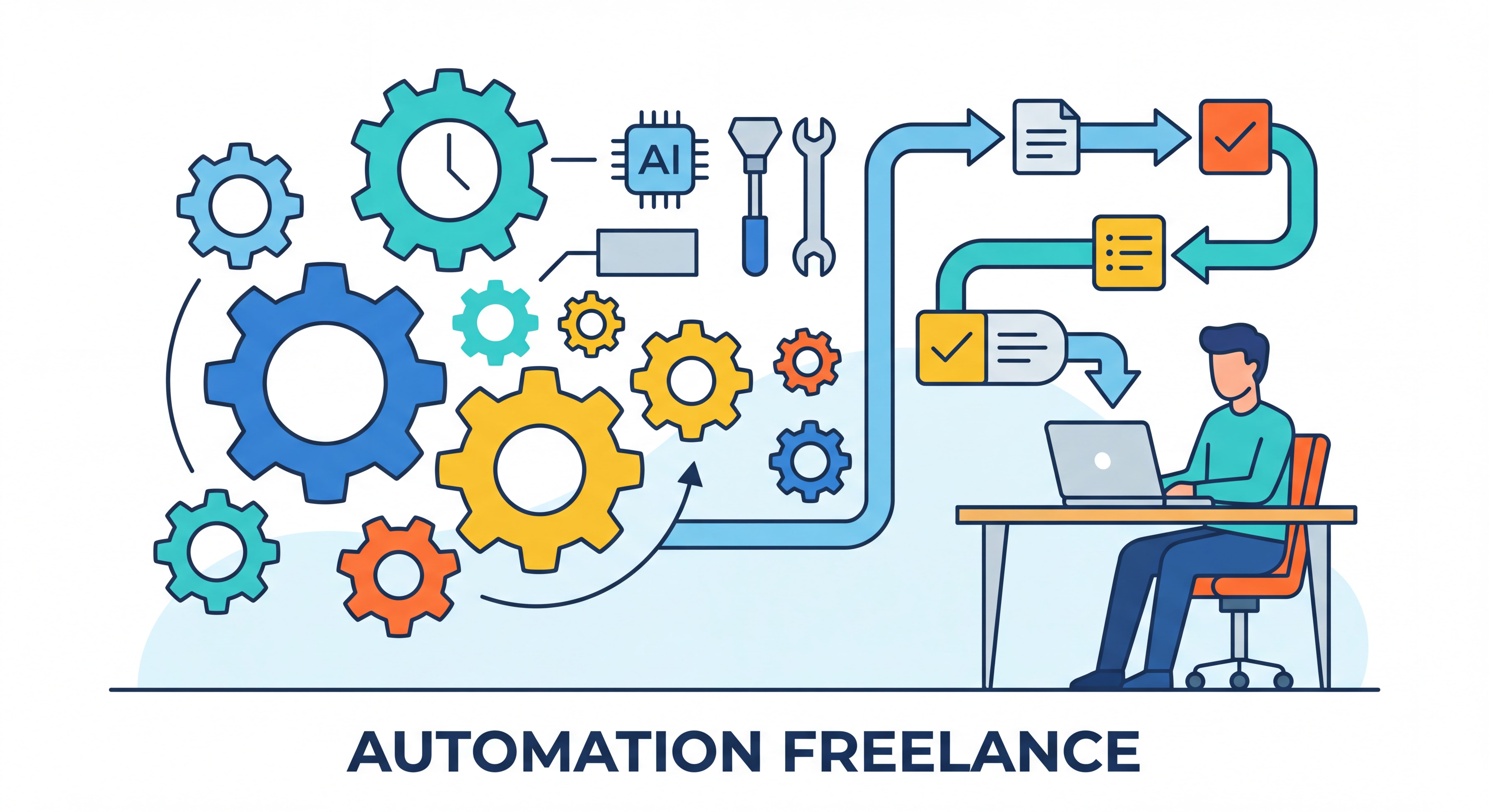 Illustration flat design épurée représentant l'automation freelance — engrenages connectés, horloge, outils IA, flux de travail automatisé — style moderne aux couleurs vives et professionnelles