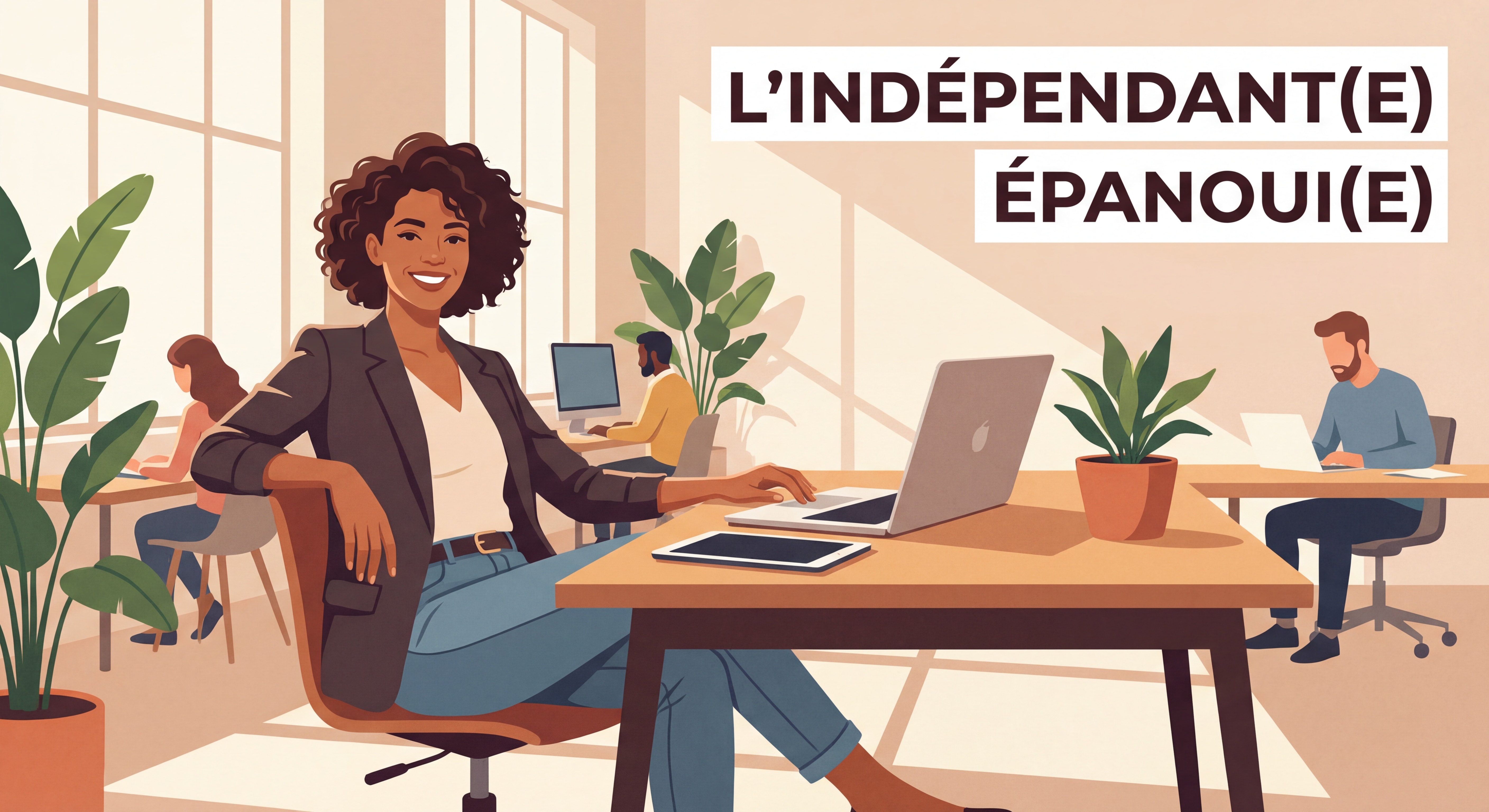 Indépendant(e) confiant(e) souriant devant son laptop dans un espace de coworking moderne, posture assurée, lumière naturelle — illustration du freelance épanoui qui développe son activité