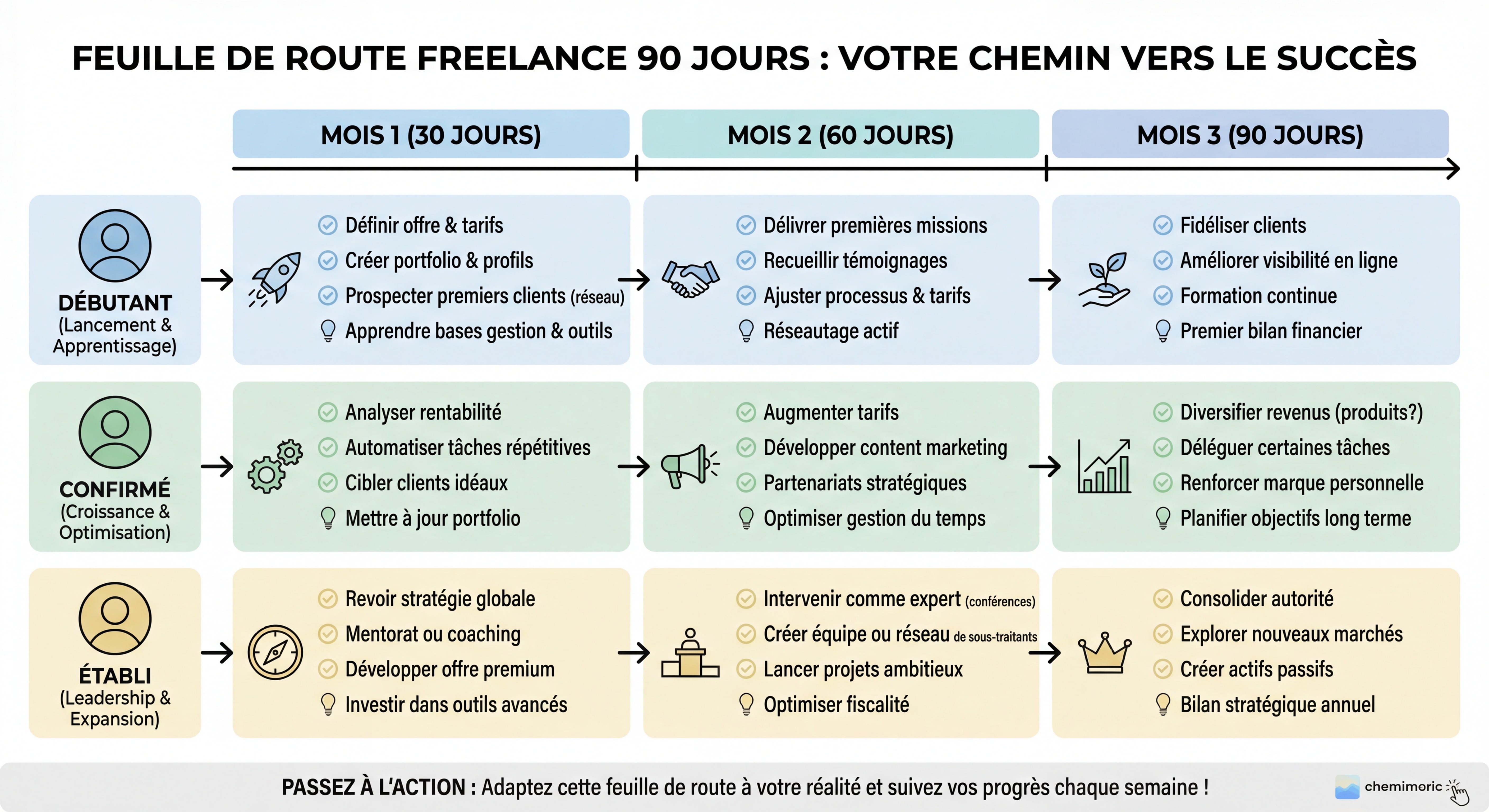 Infographie roadmap 90 jours pour freelance — timeline visuelle avec 3 mois, étapes clés par profil (débutant, confirmé, établi), design épuré et actionnable
