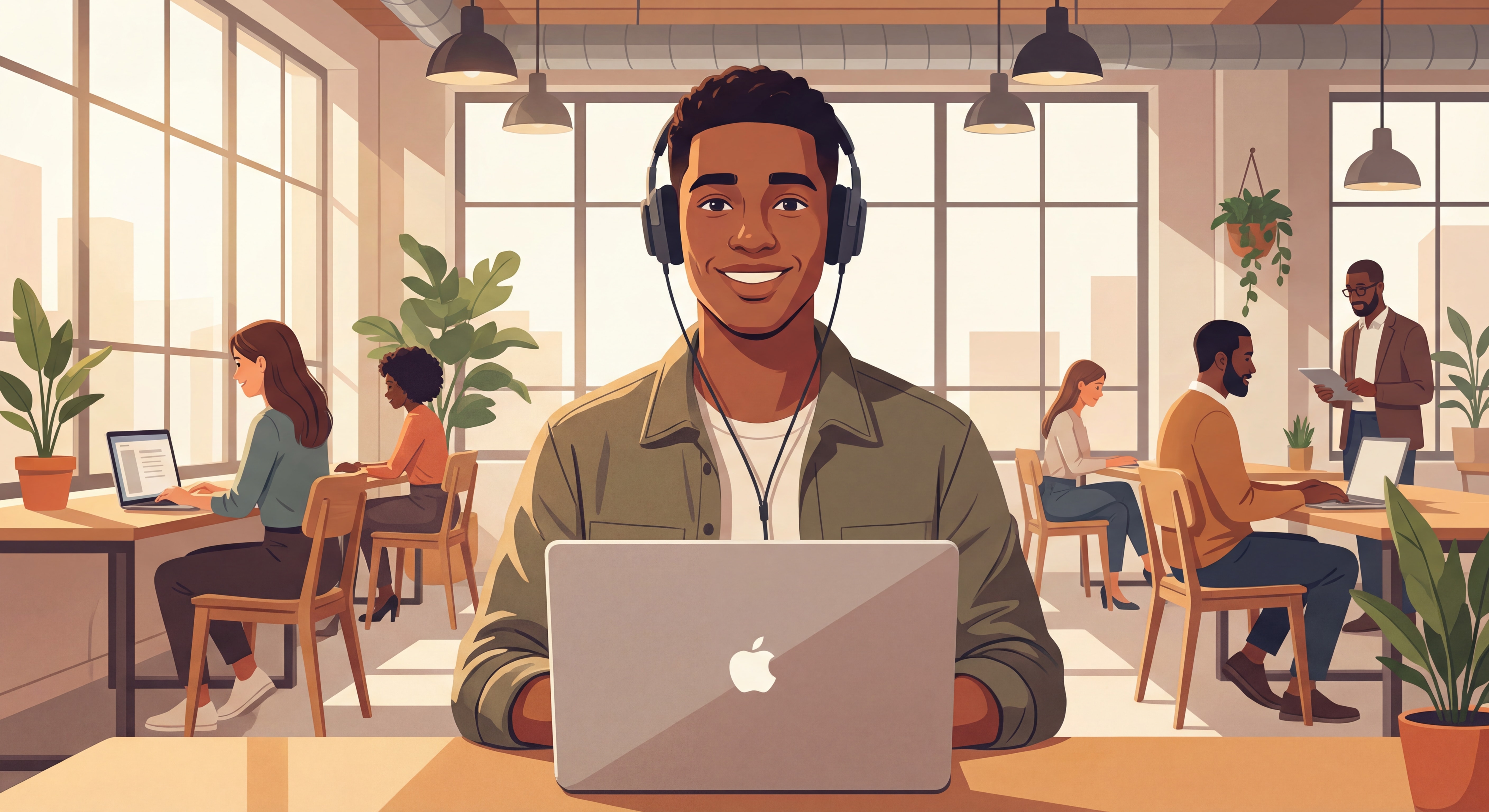 Freelance débutant confiant devant son ordinateur portable dans un espace de coworking moderne, lumière naturelle, posture inspirante