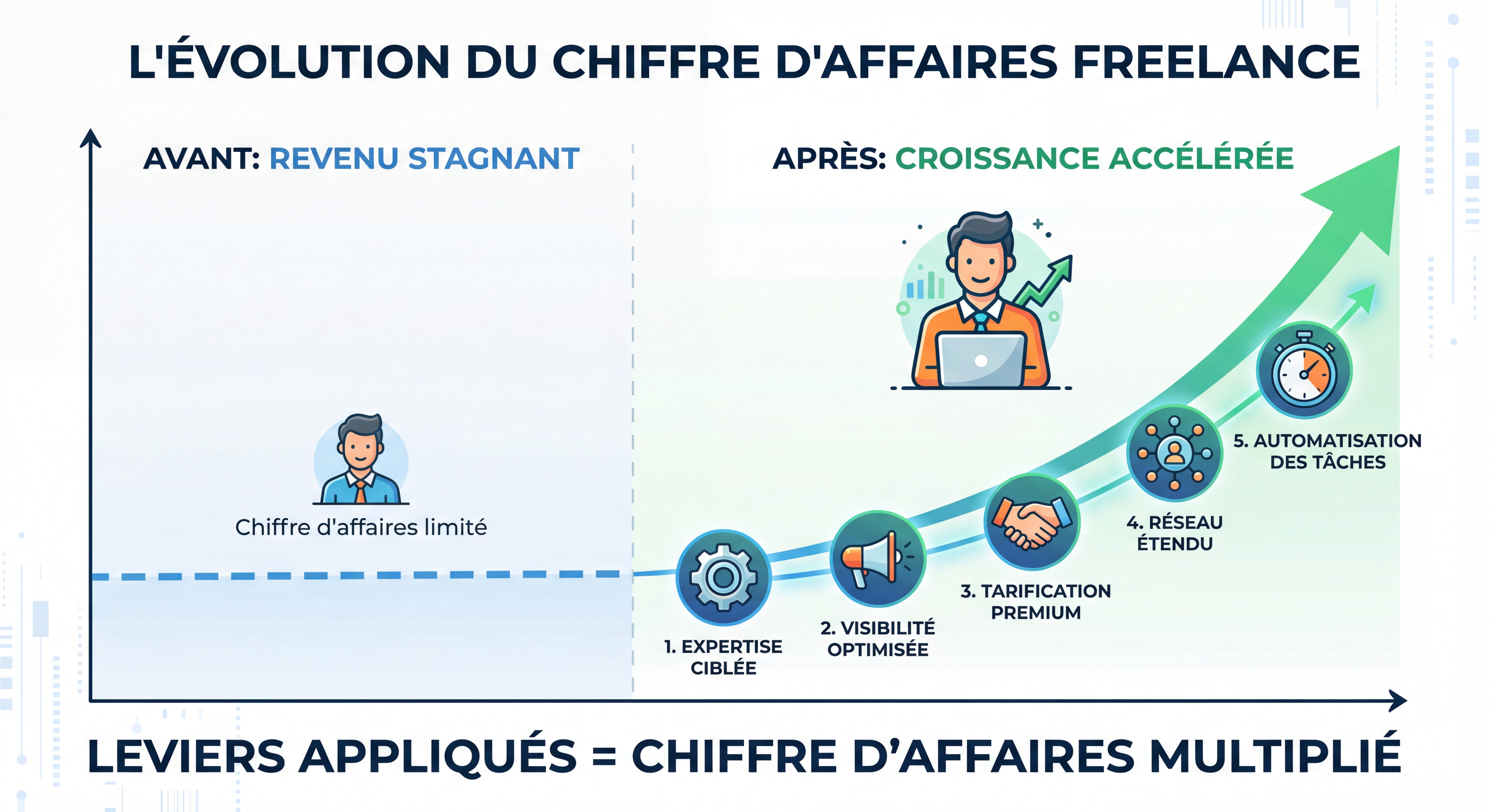 Infographie montrant l'évolution du chiffre d'affaires freelance avec les 5 leviers appliqués, courbe ascendante avant/après, design moderne data visualization