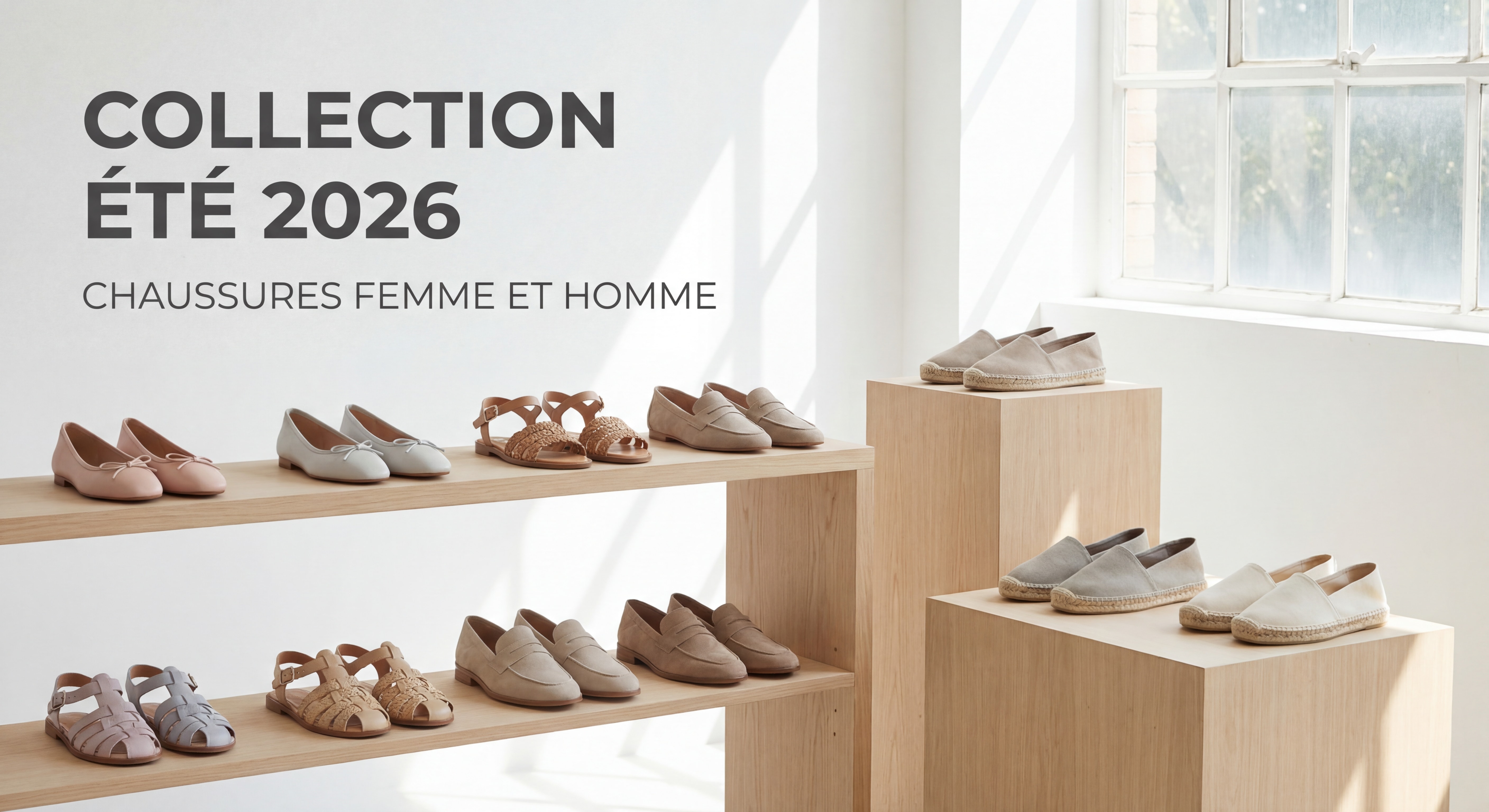 Collection chaussures femme et homme été 2026 — ballerines, sandales, mocassins et espadrilles tendance sur fond clair et lumineux