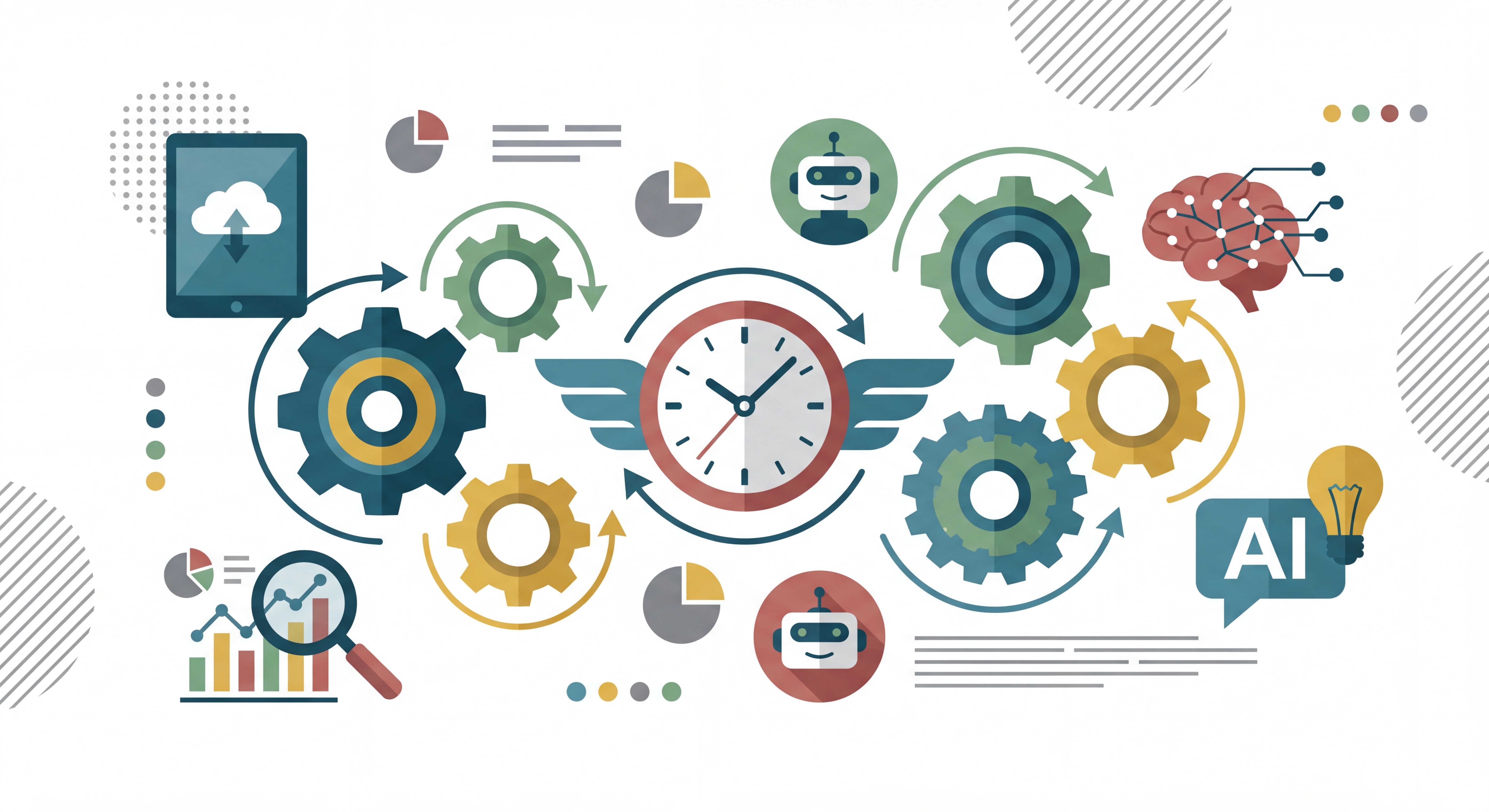 Illustration flat design moderne représentant l'automation et le gain de temps : engrenages connectés, horloge, outils numériques, IA symbolisée, couleurs vives et professionnelles