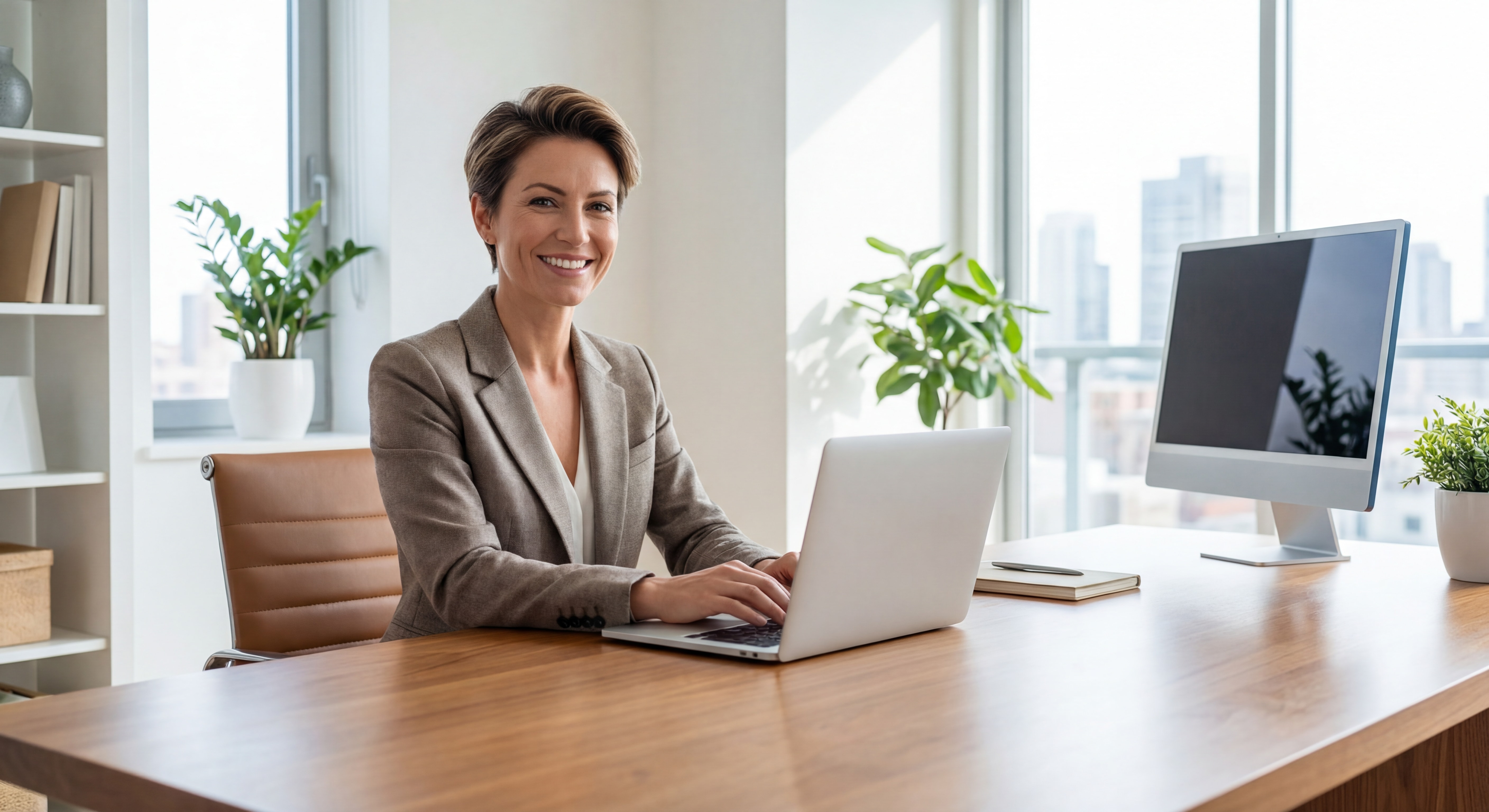 Freelance confiant(e) dans un espace de travail moderne lumineux, laptop ouvert, posture assurée, bureau épuré inspirant la réussite professionnelle