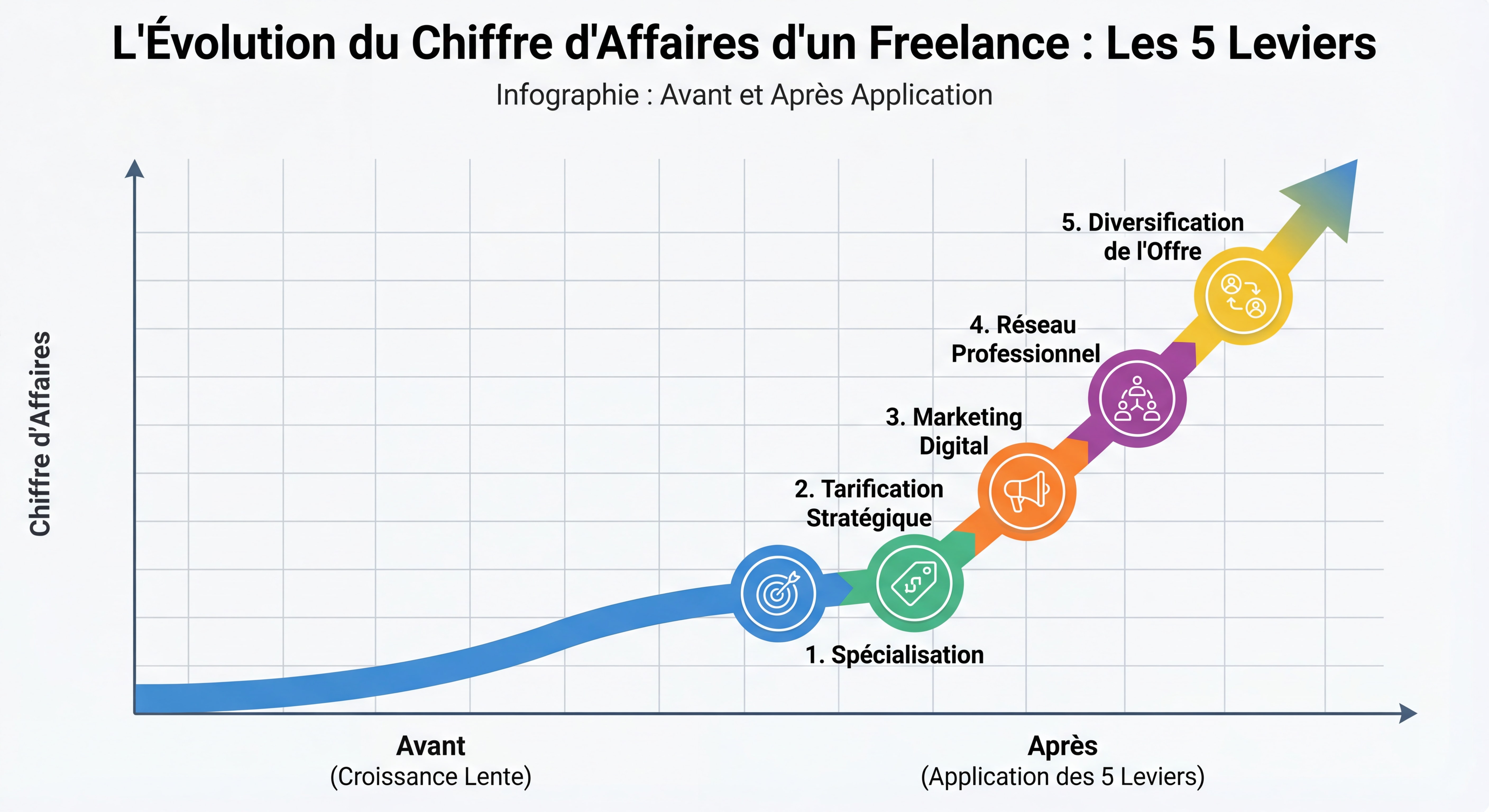 Infographie montrant l'évolution du chiffre d'affaires d'un freelance avec application des 5 leviers, courbe ascendante avant/après, data visualisation moderne et colorée