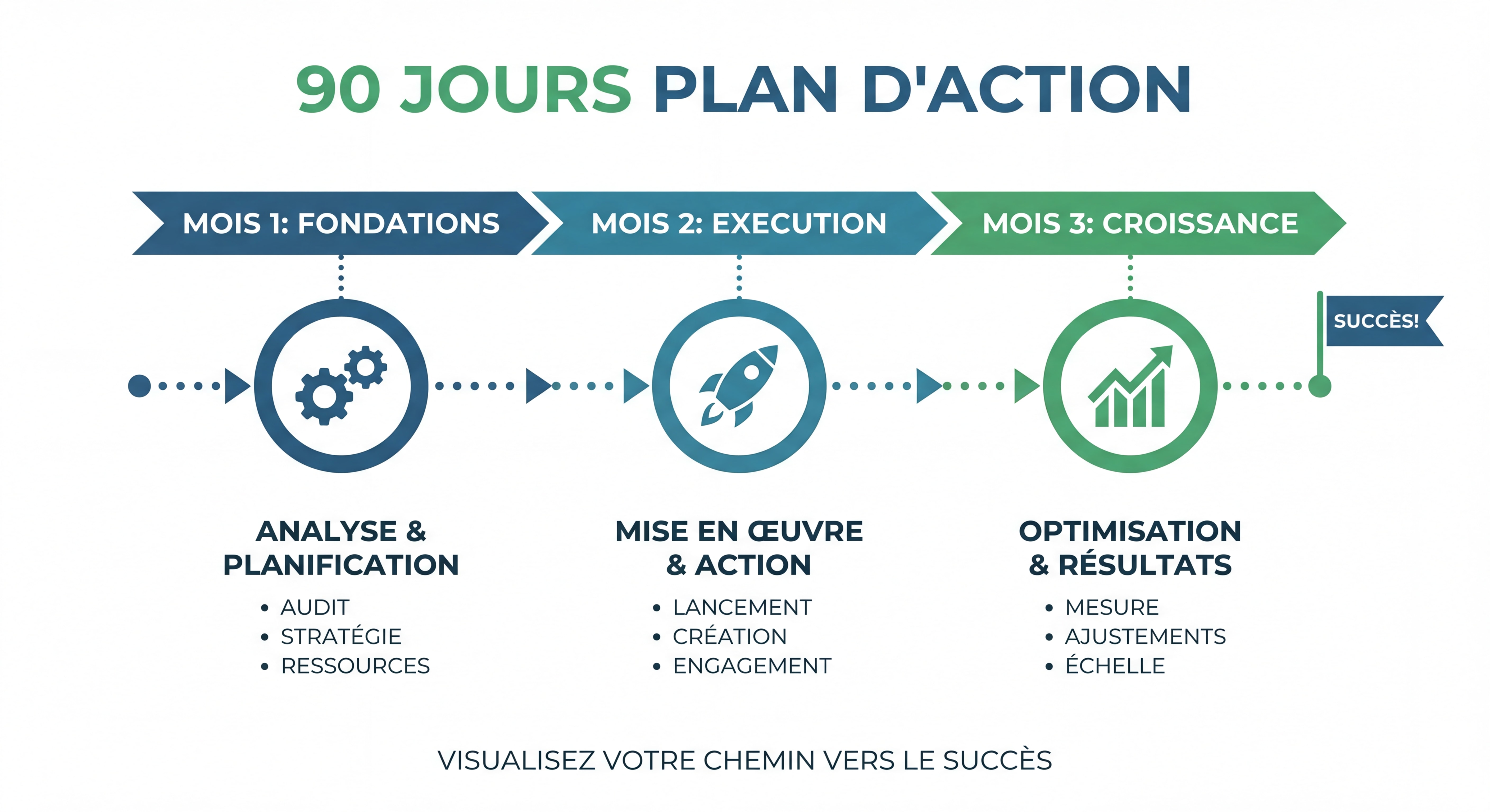 Infographie roadmap plan d'action 90 jours avec timeline visuelle, trois étapes mensuelles illustrées, style épuré et actionnable