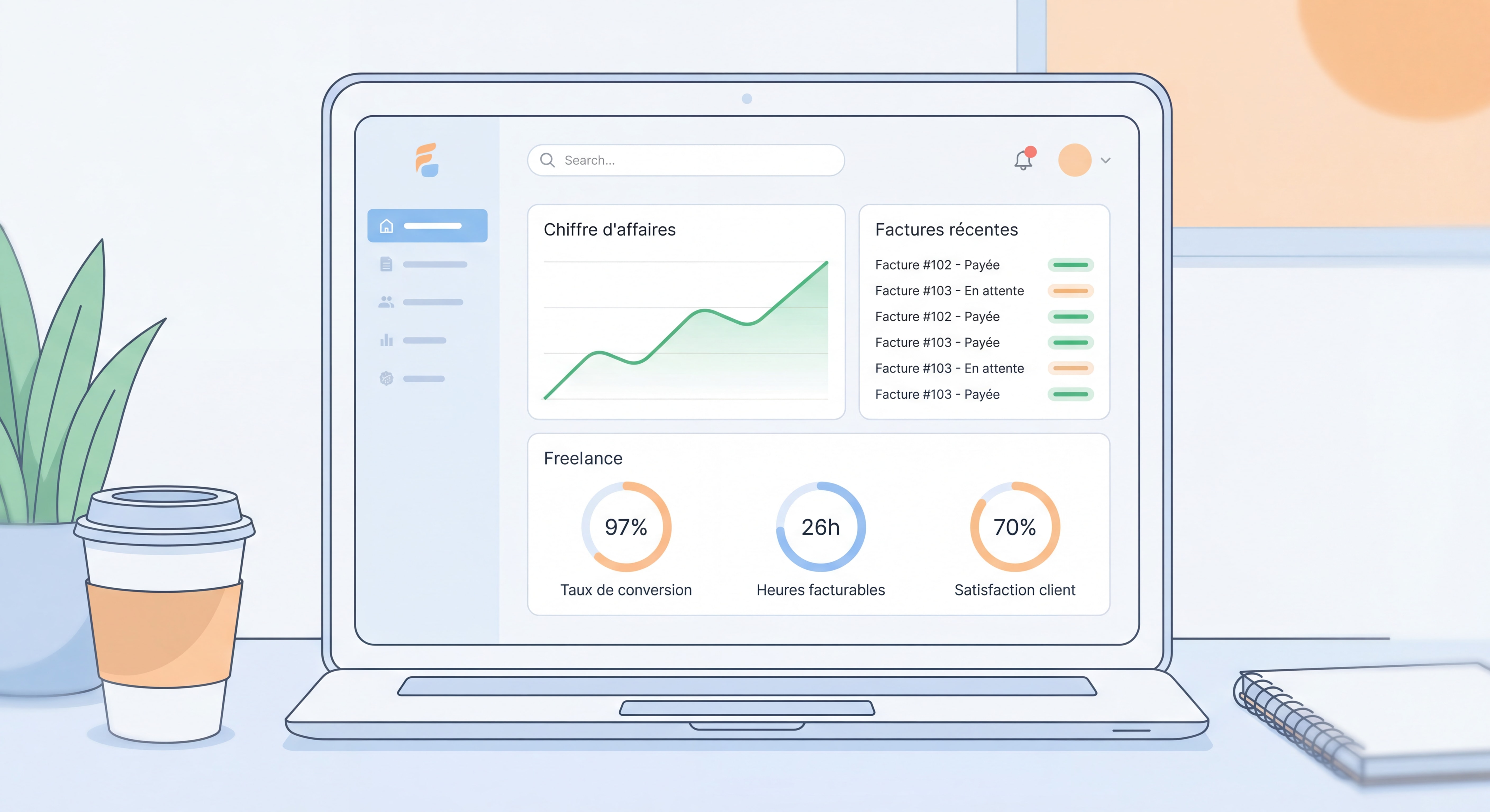 Dashboard propre et moderne d'un outil de gestion freelance montrant le suivi du chiffre d'affaires, les factures et les indicateurs de performance - interface épurée et inspirante