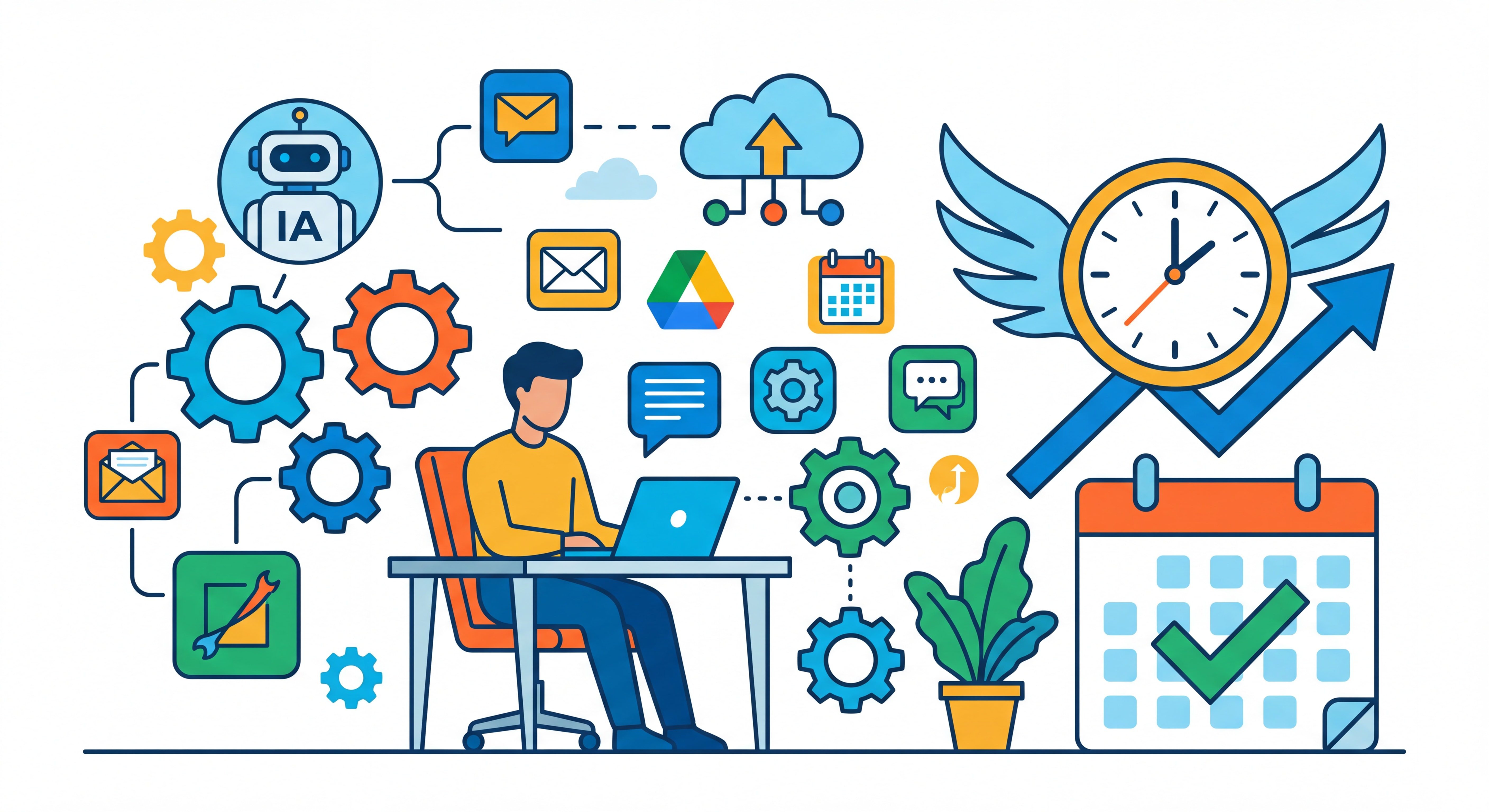 Illustration flat design moderne représentant l'automation et le gain de temps pour freelance - engrenages, IA, outils connectés, horloge, couleurs vives et professionnelles