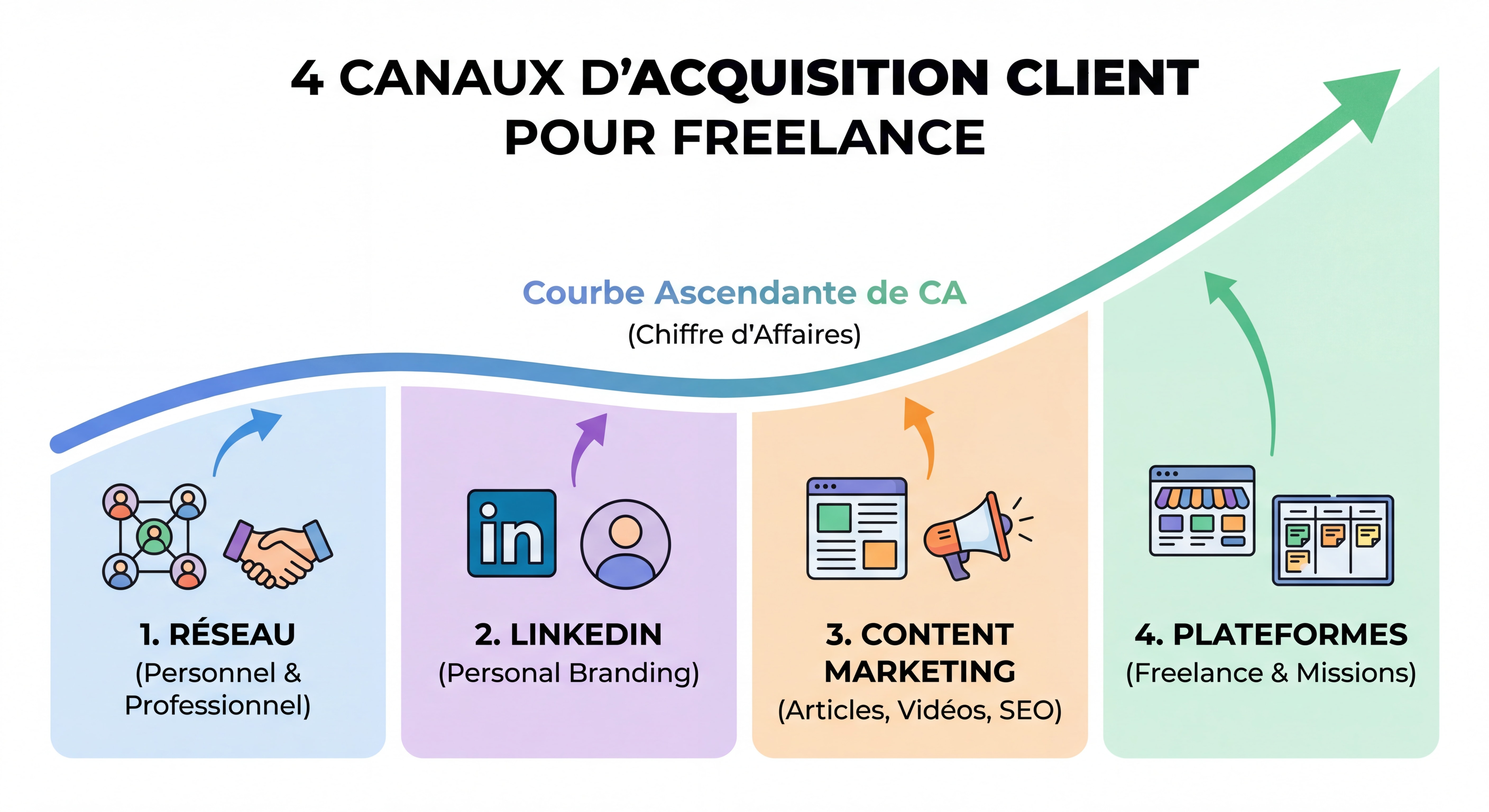Infographie illustrant les 4 canaux d'acquisition client pour freelance avec courbe ascendante de CA - réseau, LinkedIn, content marketing, plateformes