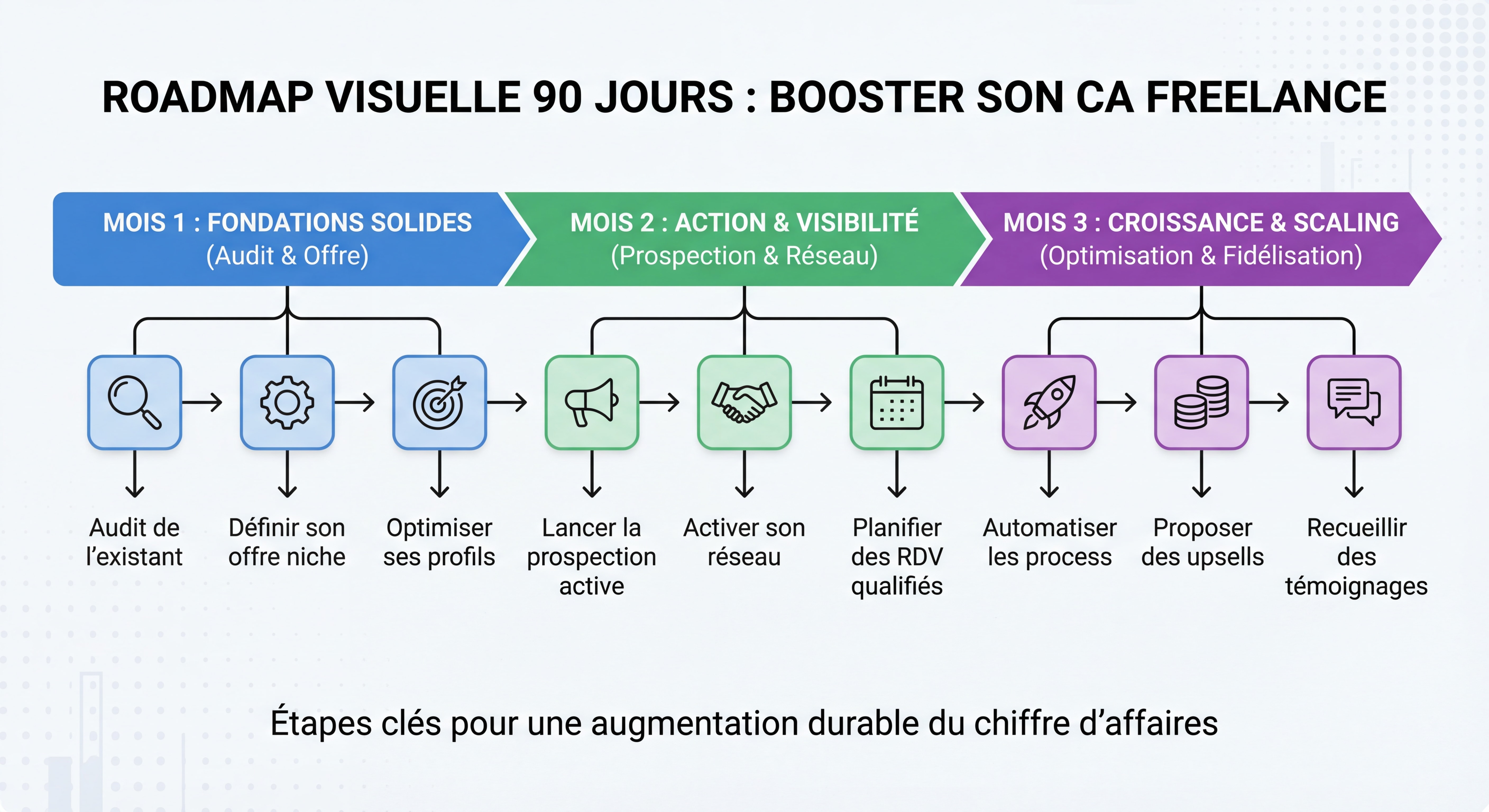 Roadmap visuelle 90 jours pour augmenter son chiffre d'affaires freelance - timeline avec 3 mois et étapes clés, style infographie moderne et actionnable
