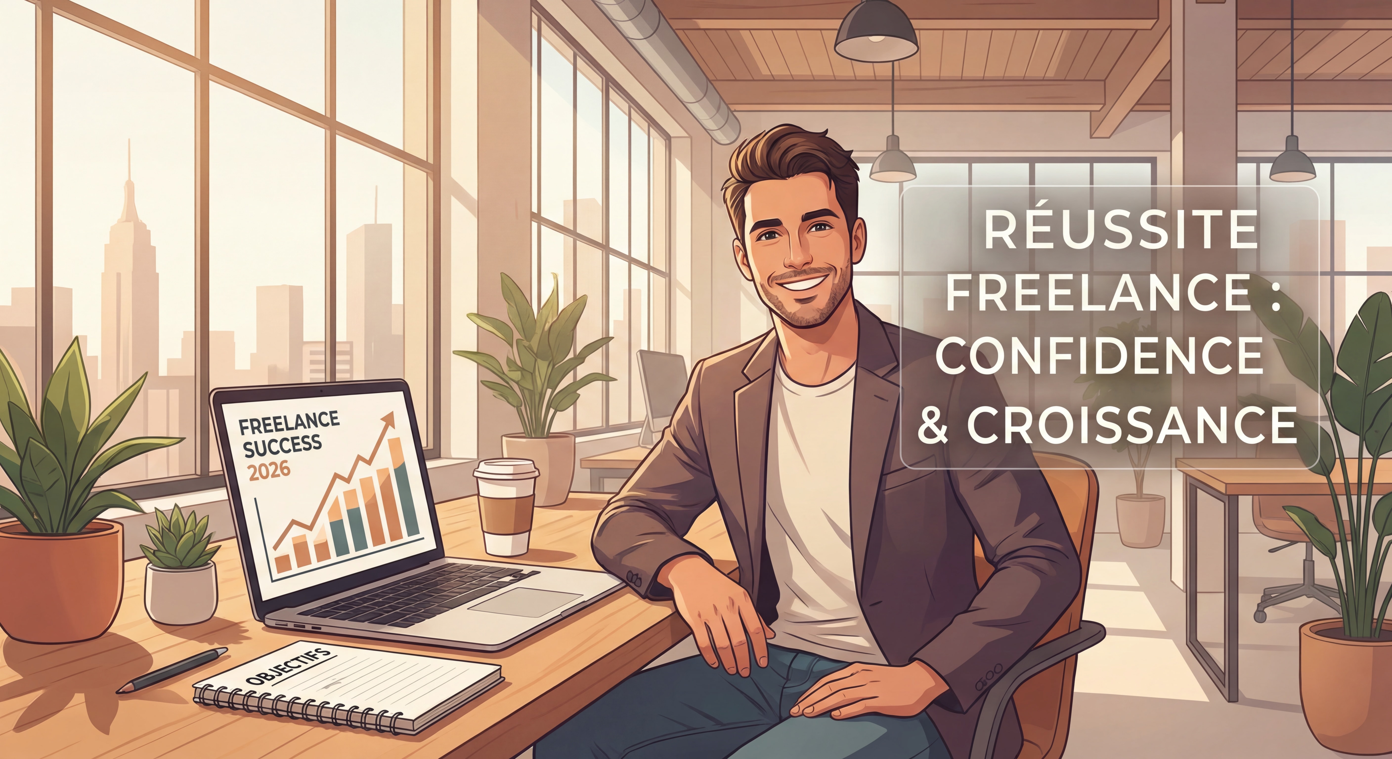 Indépendant(e) confiant(e) souriant(e) devant un laptop dans un espace de travail moderne et lumineux, illustrant la réussite freelance en 2026