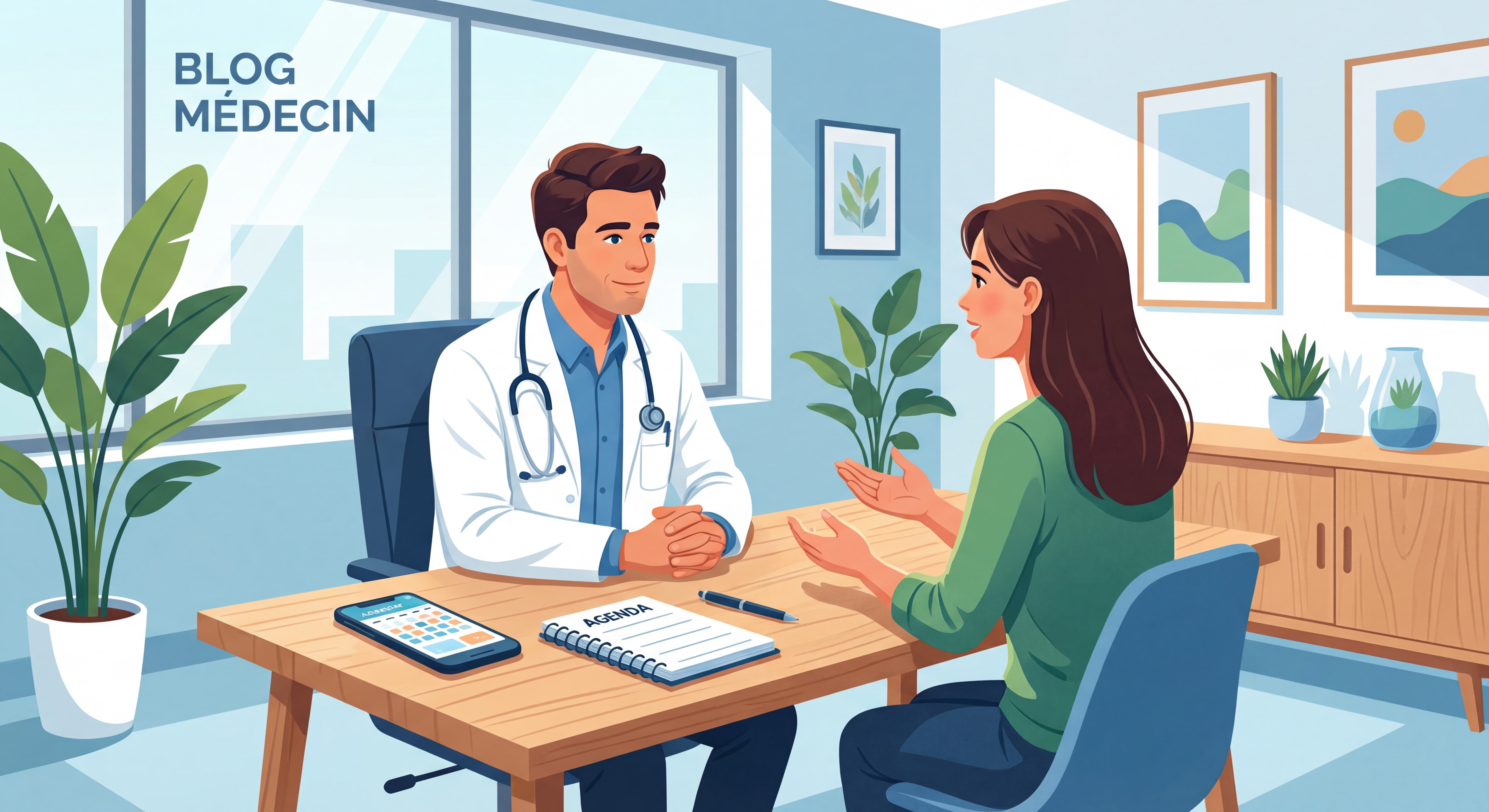 Médecin généraliste en consultation dans un cabinet médical moderne, téléphone et agenda sur le bureau, ambiance professionnelle et chaleureuse