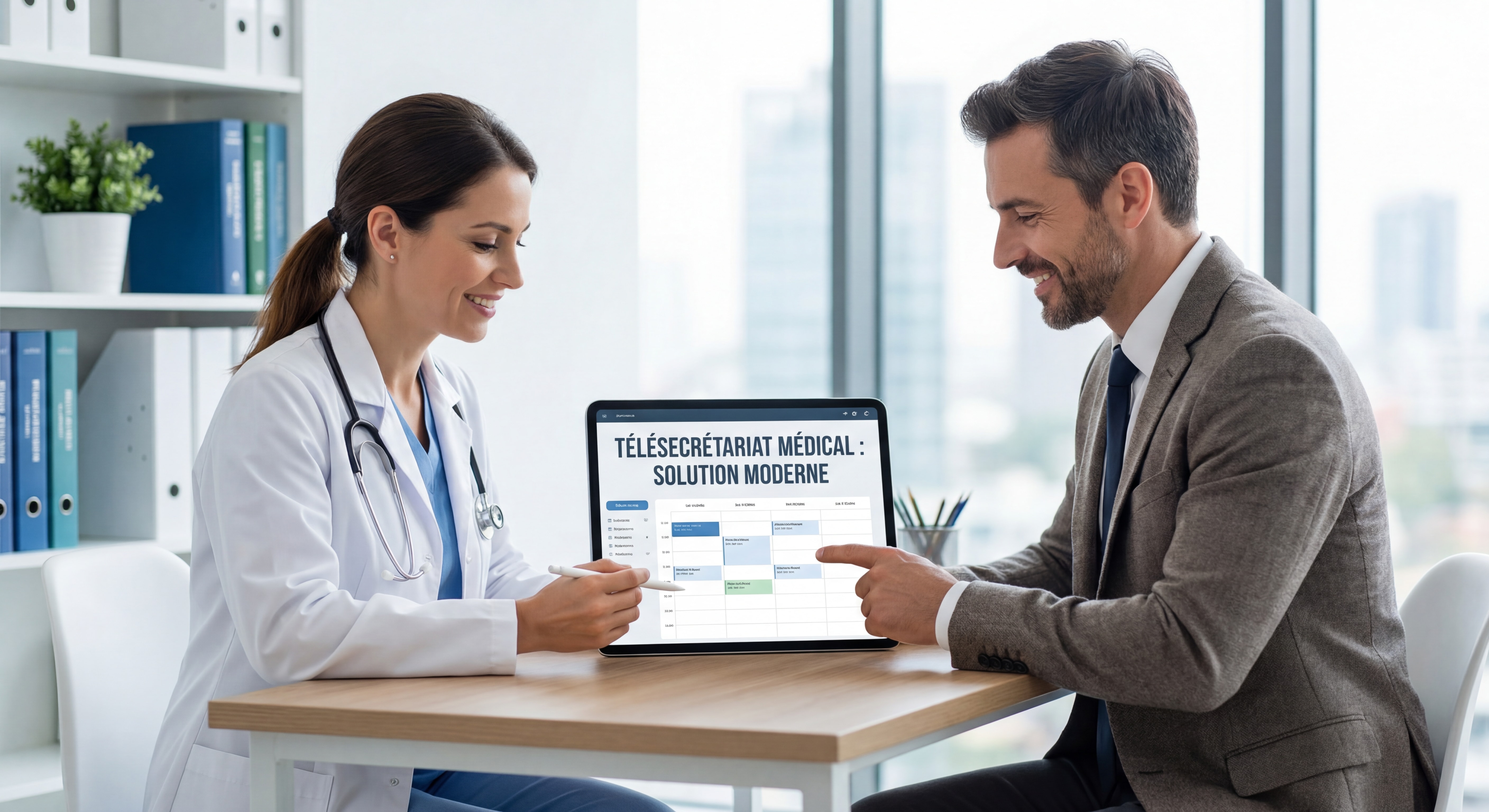 Médecin et conseiller en train de configurer un système de télésecrétariat sur tablette dans un cabinet médical, échange professionnel et bienveillant