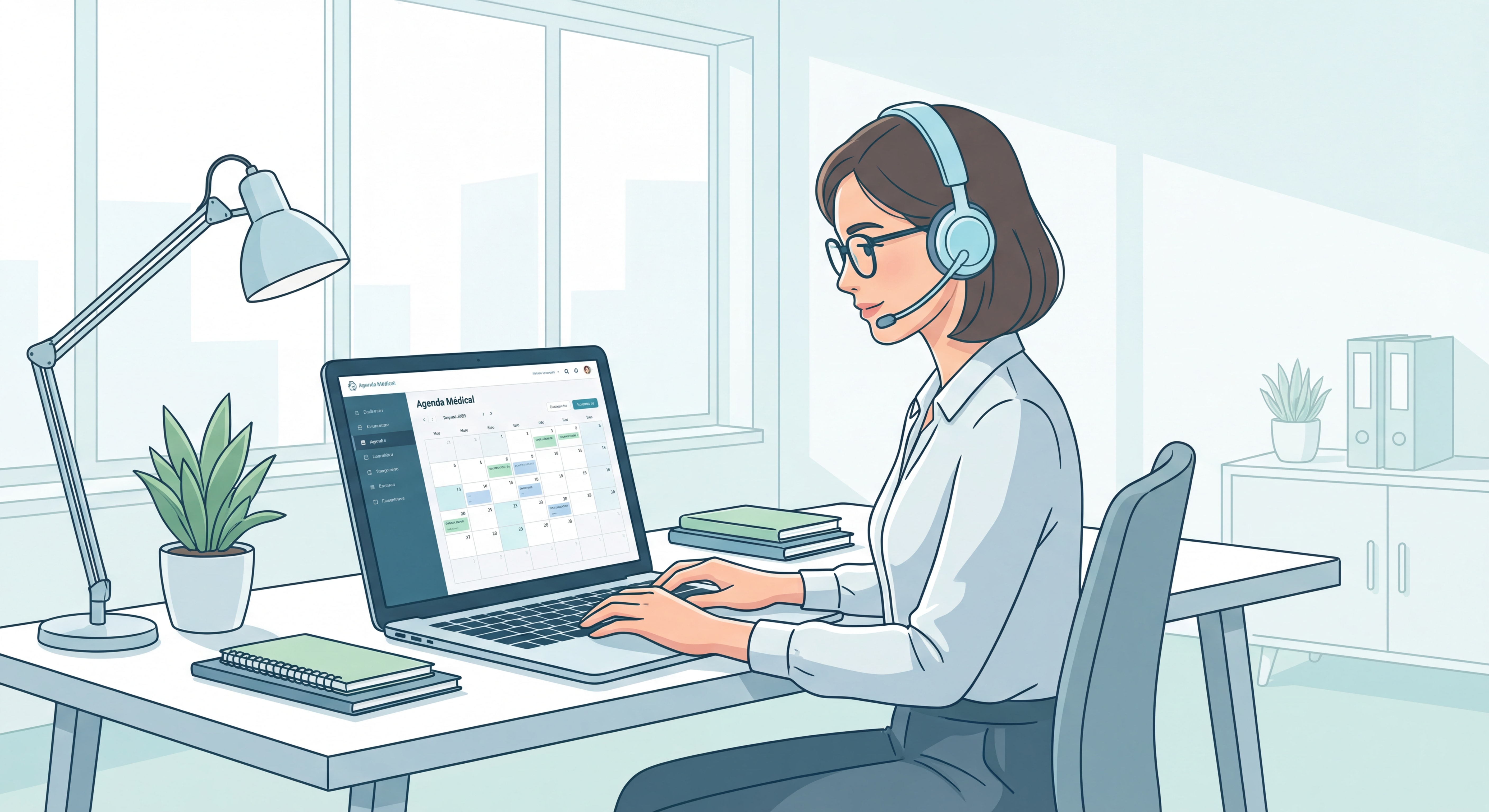 Secrétaire médicale professionnelle travaillant sur ordinateur avec casque téléphonique, interface de gestion d'agenda médical visible à l'écran, bureau lumineux et organisé